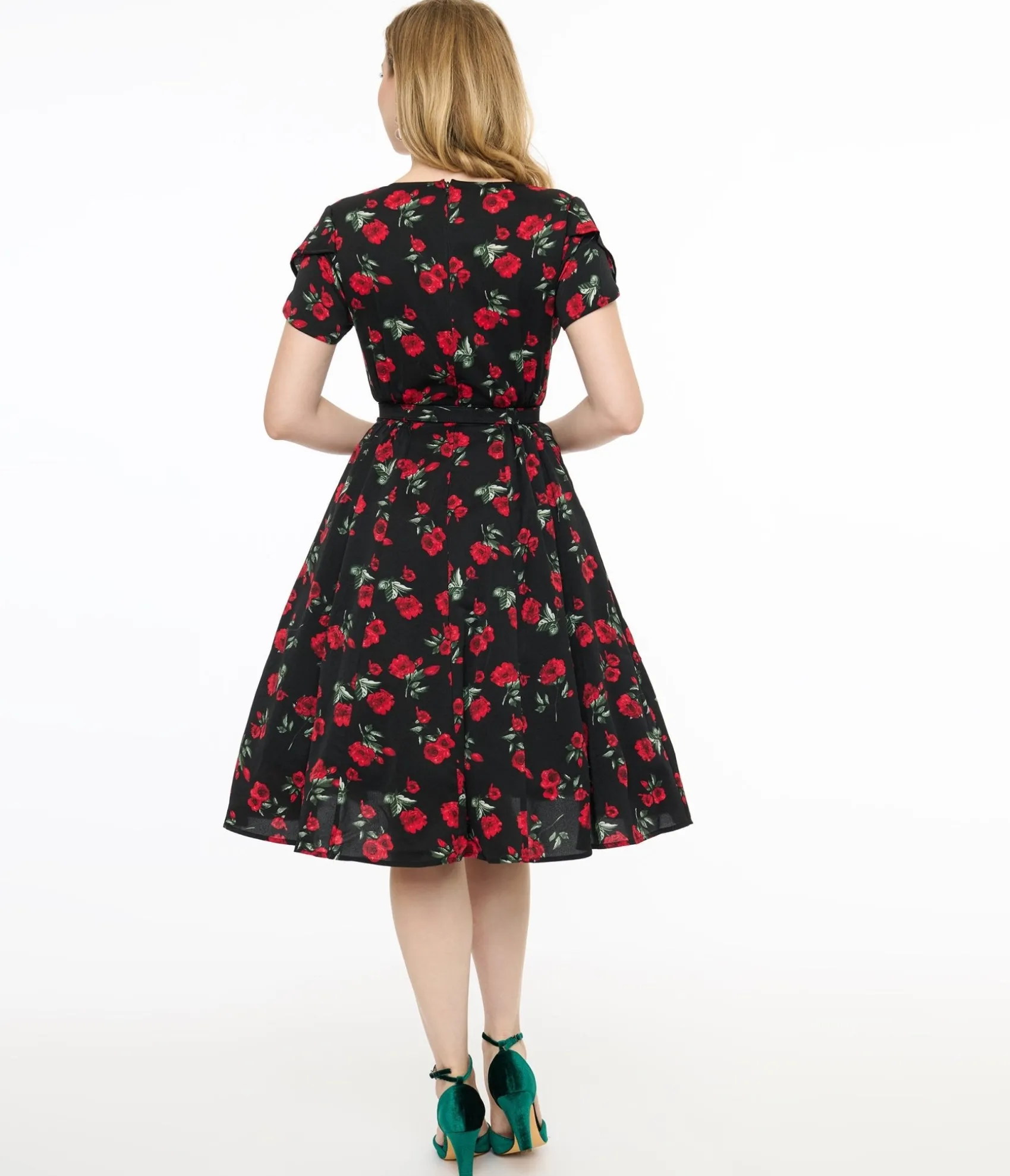 Unique Vintage 1940s Black & Red Floral Print Tulip Sleeve Swing Dress New