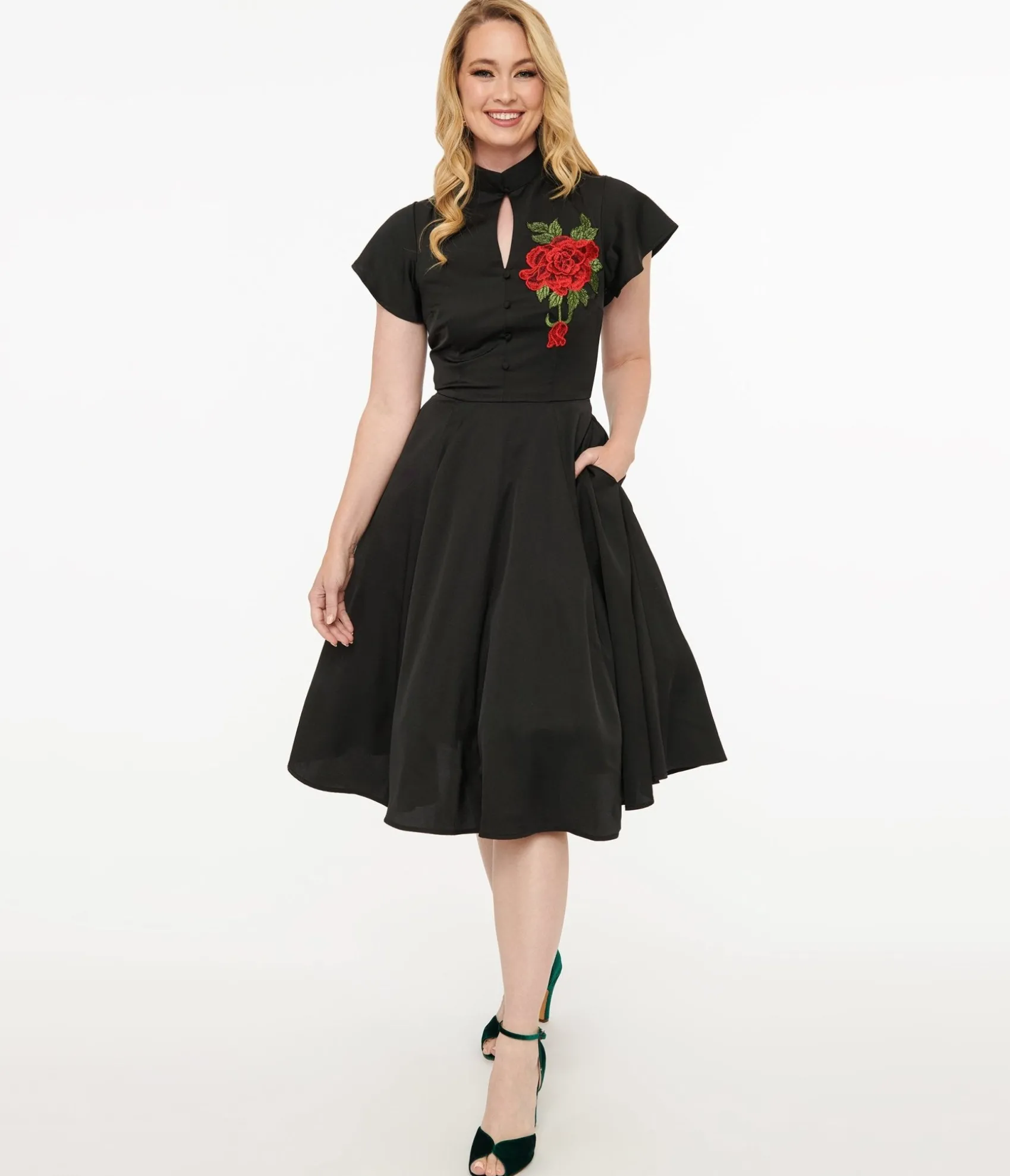 Unique Vintage 1940s Black & Red Poinsettia Baltimore Swing Dress Shop