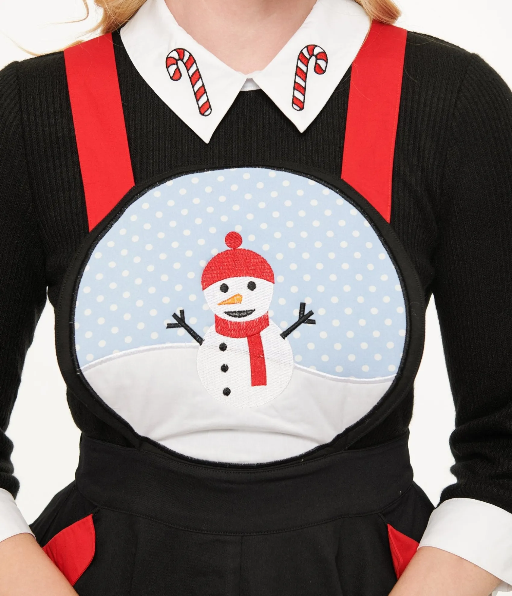 Unique Vintage 1950s Black & Red Snowman Snow Globe Pinafore Outlet