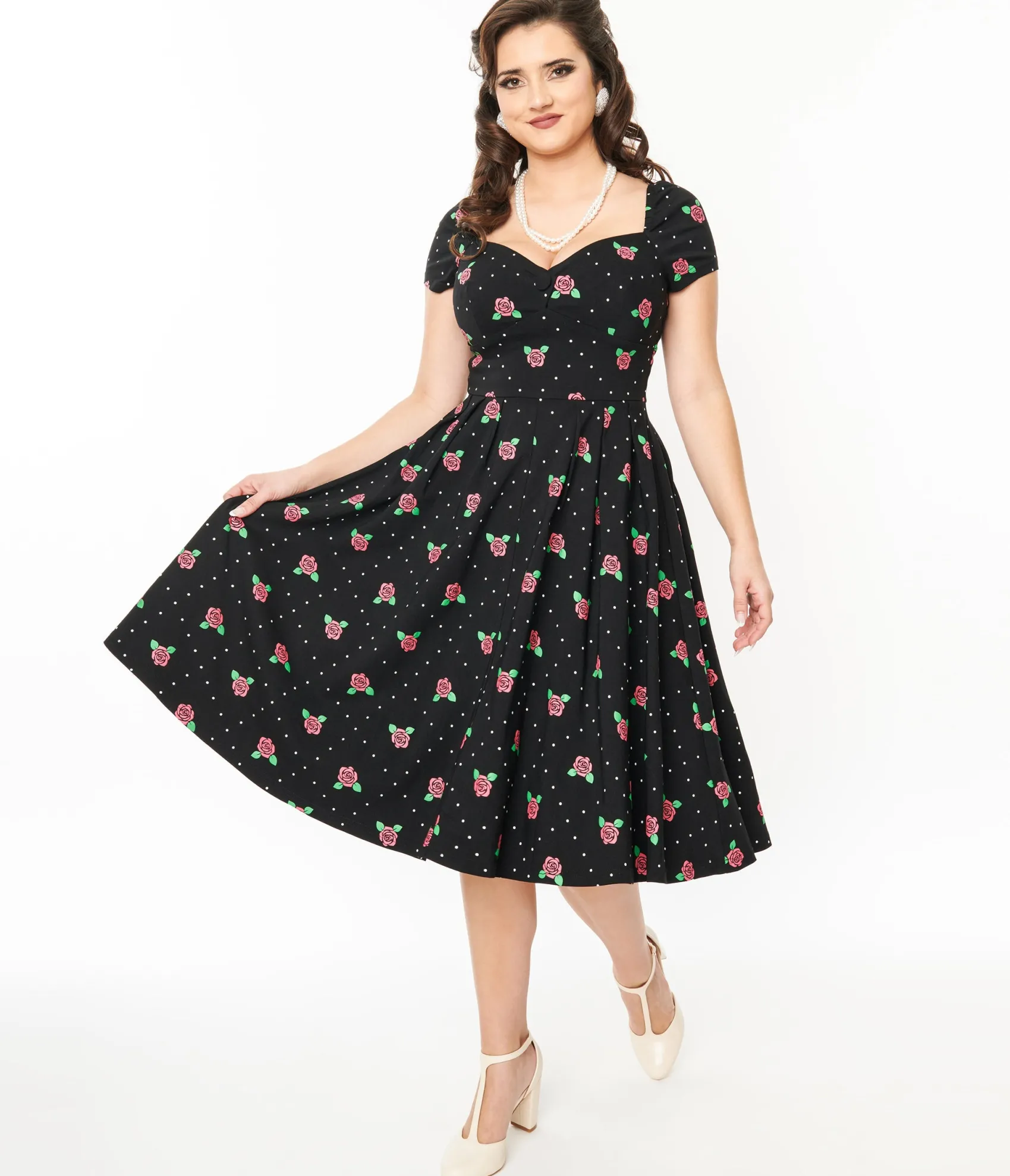 Unique Vintage 1950s Black & Rose Stamp Midge Swing Dress Discount