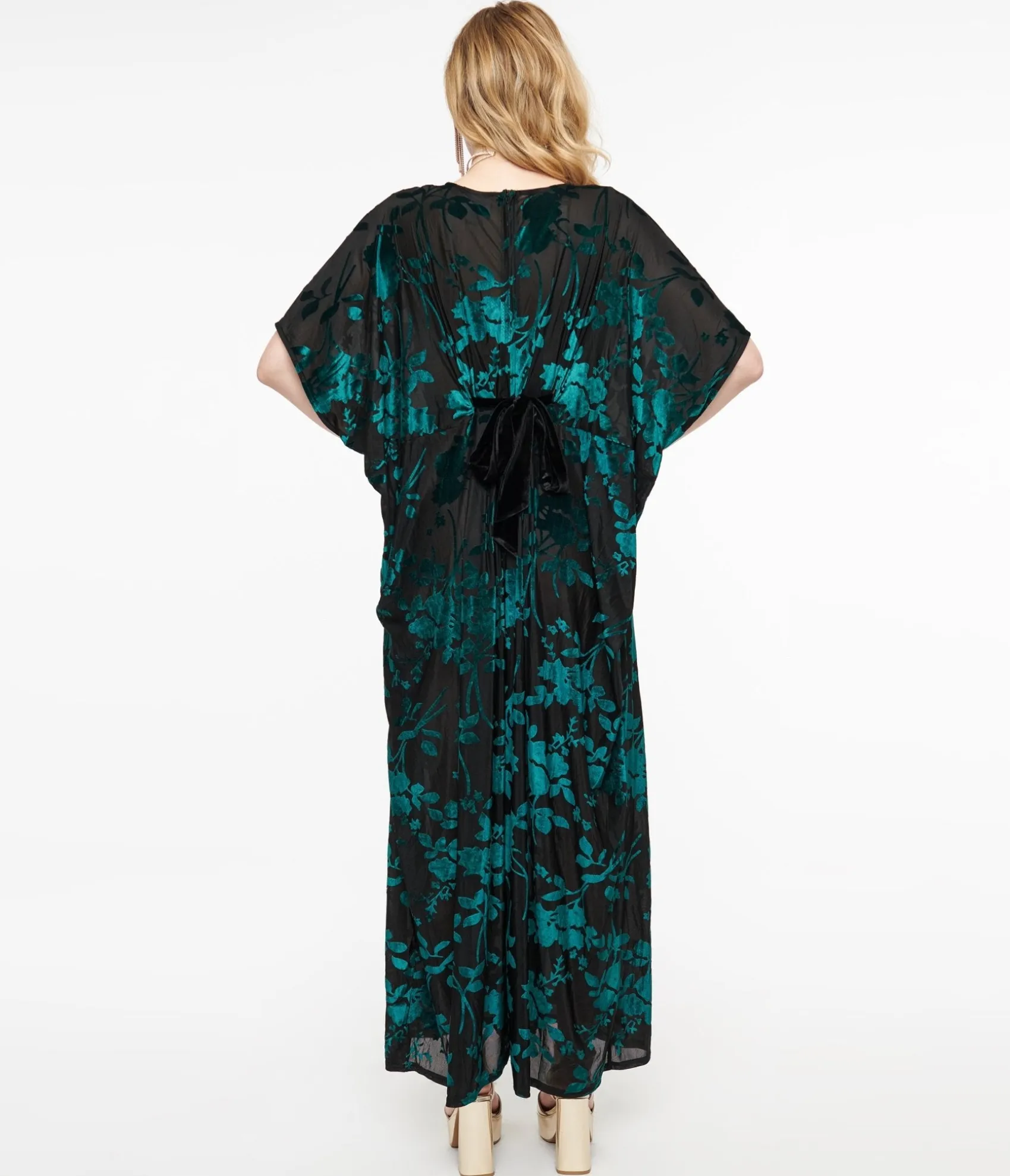 Unique Vintage 1970s Black & Teal Velvet Floral Burnout Caftan Jumpsuit Hot