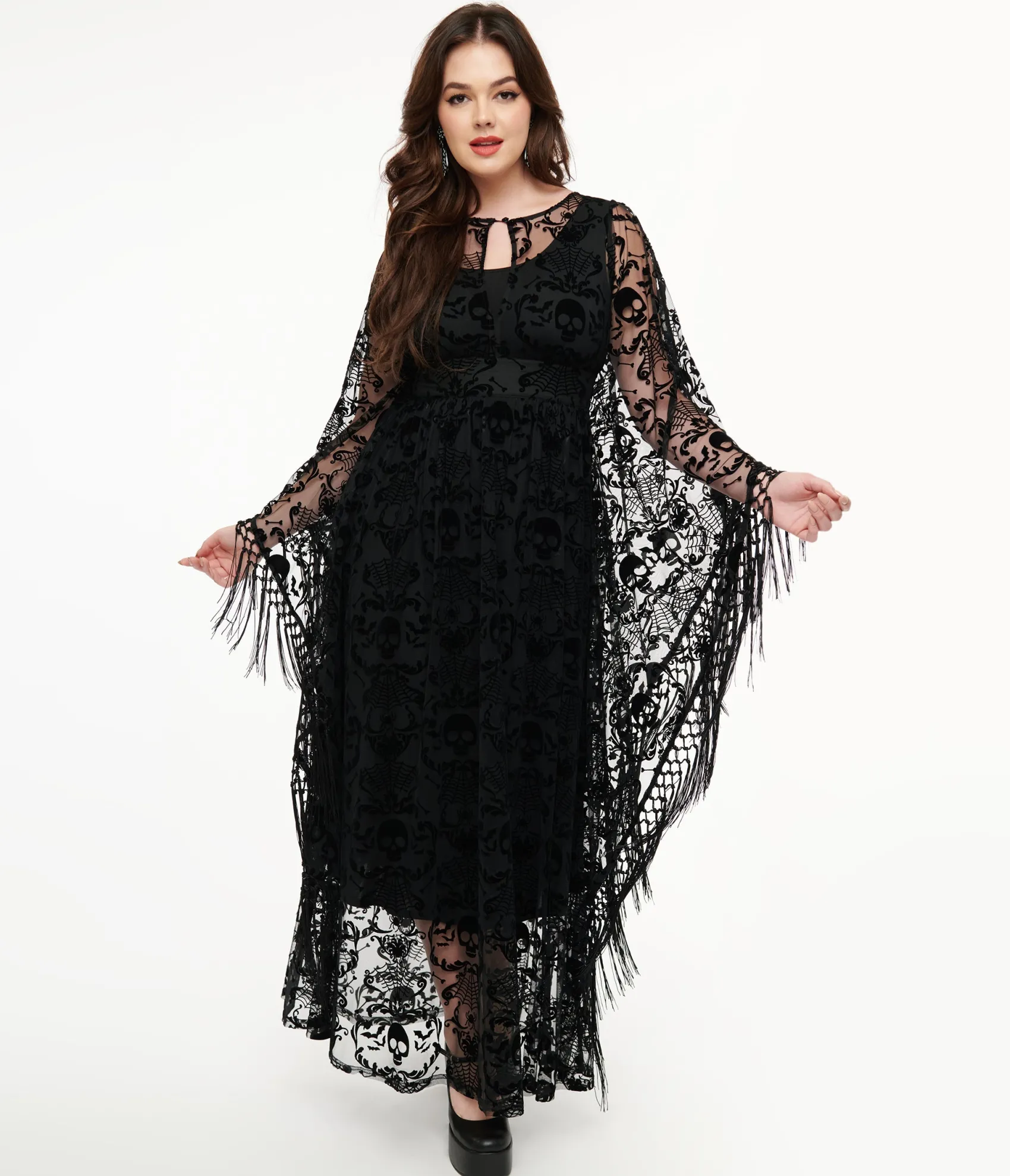 Unique Vintage 1960s Black Baroque Skull Burnout Fringe Flutter Sleeve Caftan Best Sale