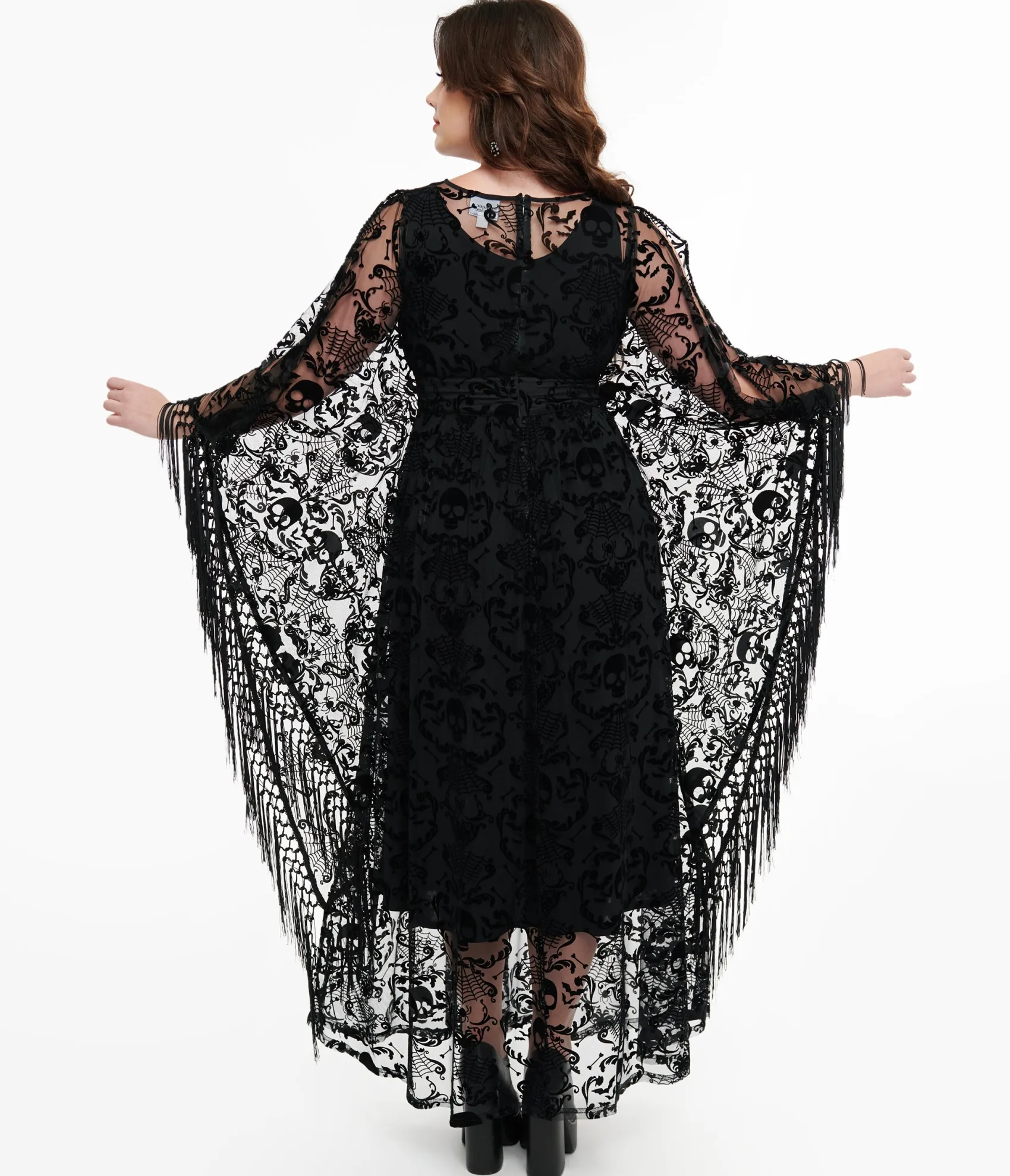 Unique Vintage 1960s Black Baroque Skull Burnout Fringe Flutter Sleeve Caftan Best Sale