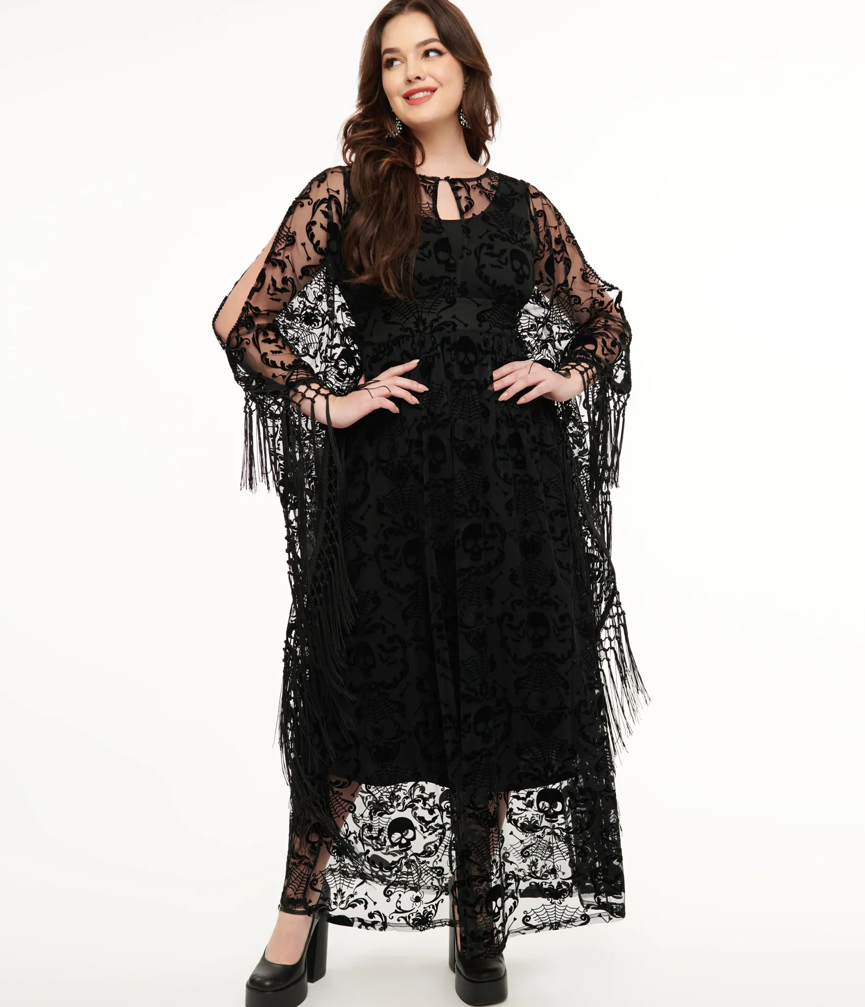 Unique Vintage 1960s Black Baroque Skull Burnout Fringe Flutter Sleeve Caftan Best Sale