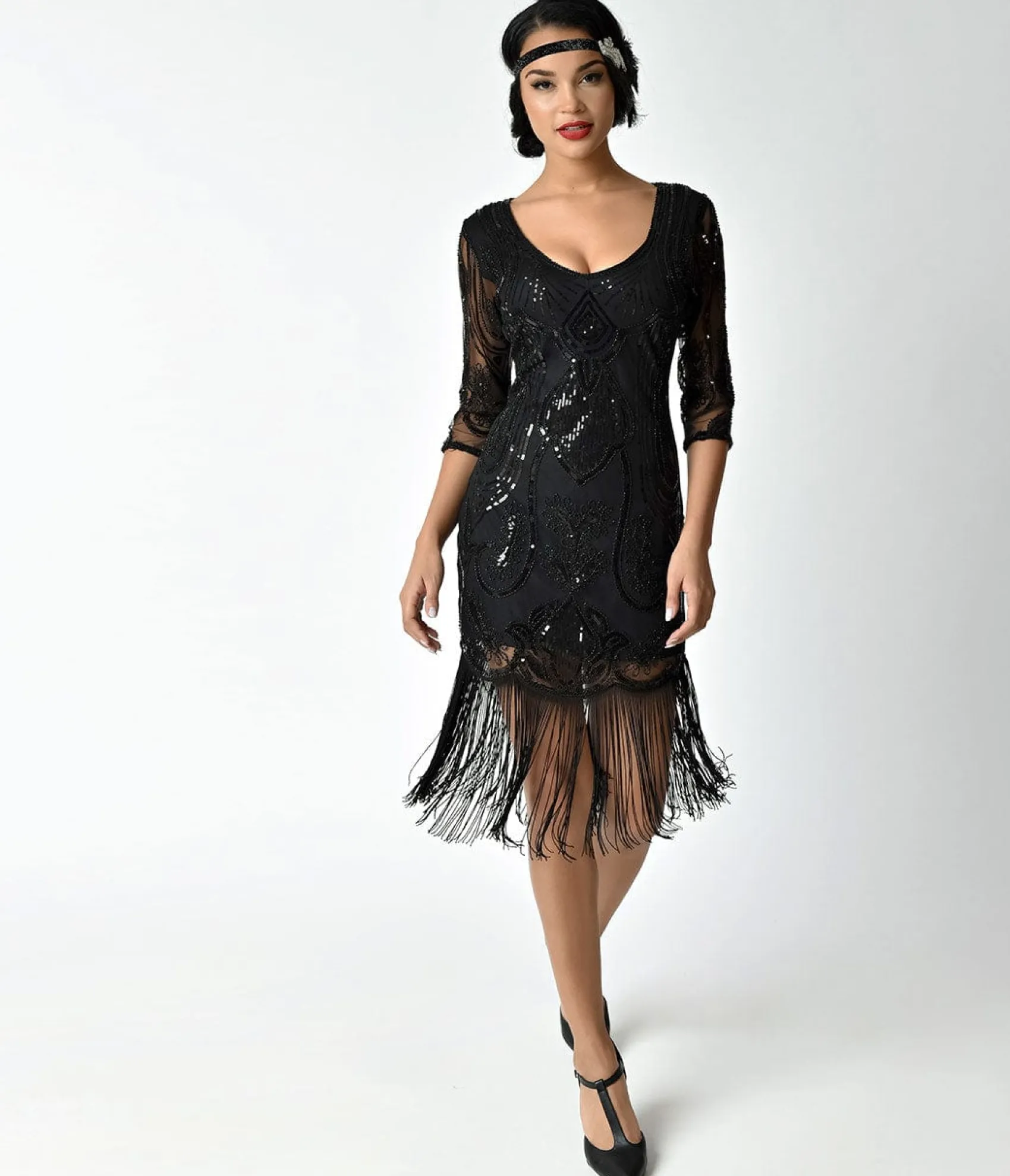 Unique Vintage 1920s Black Beaded & Sequin Margaux Sleeved Fringe Cocktail Dress Online