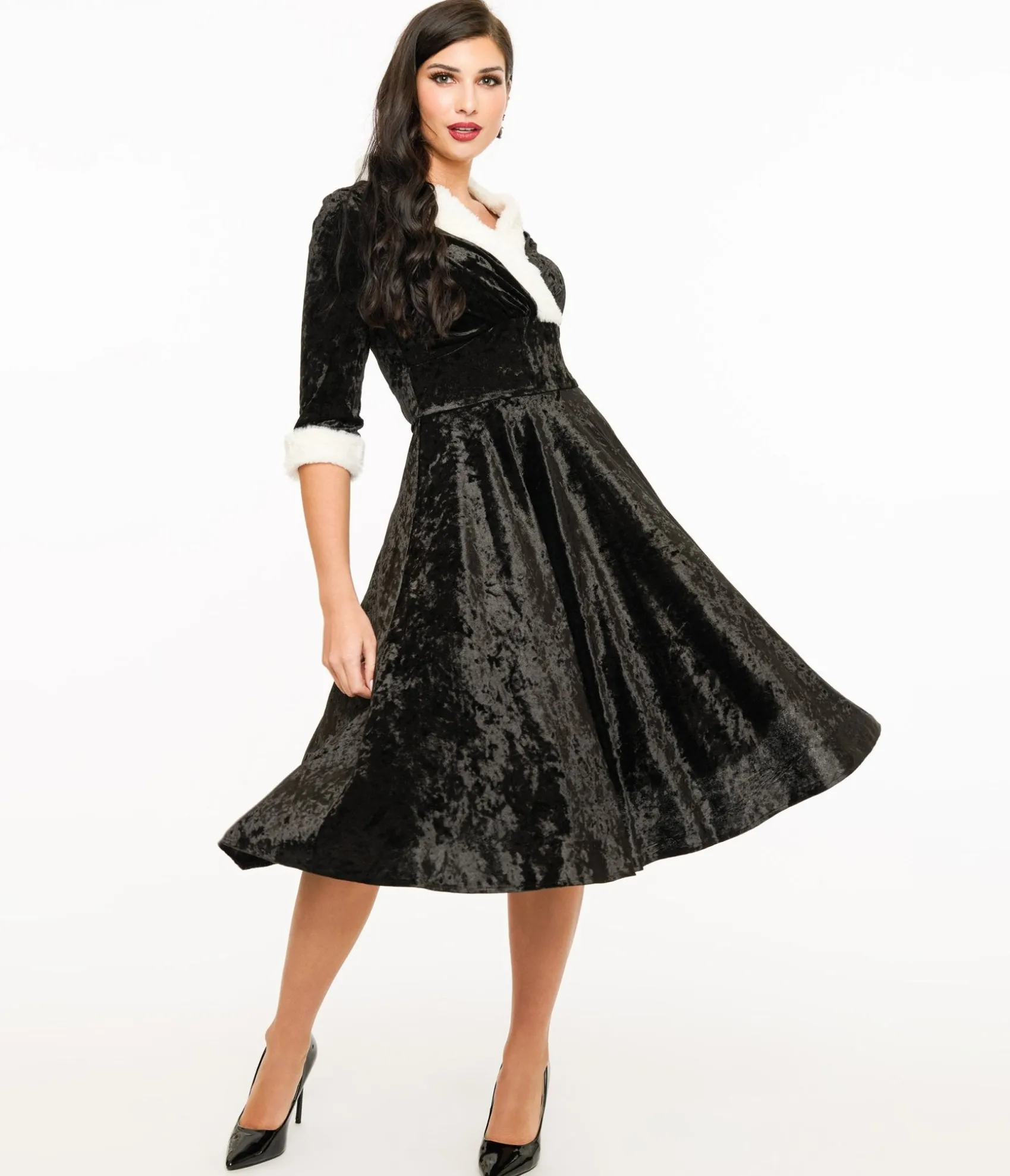 Unique Vintage 1950s Black Crushed Velvet & White Fur Delores Swing Dress Hot