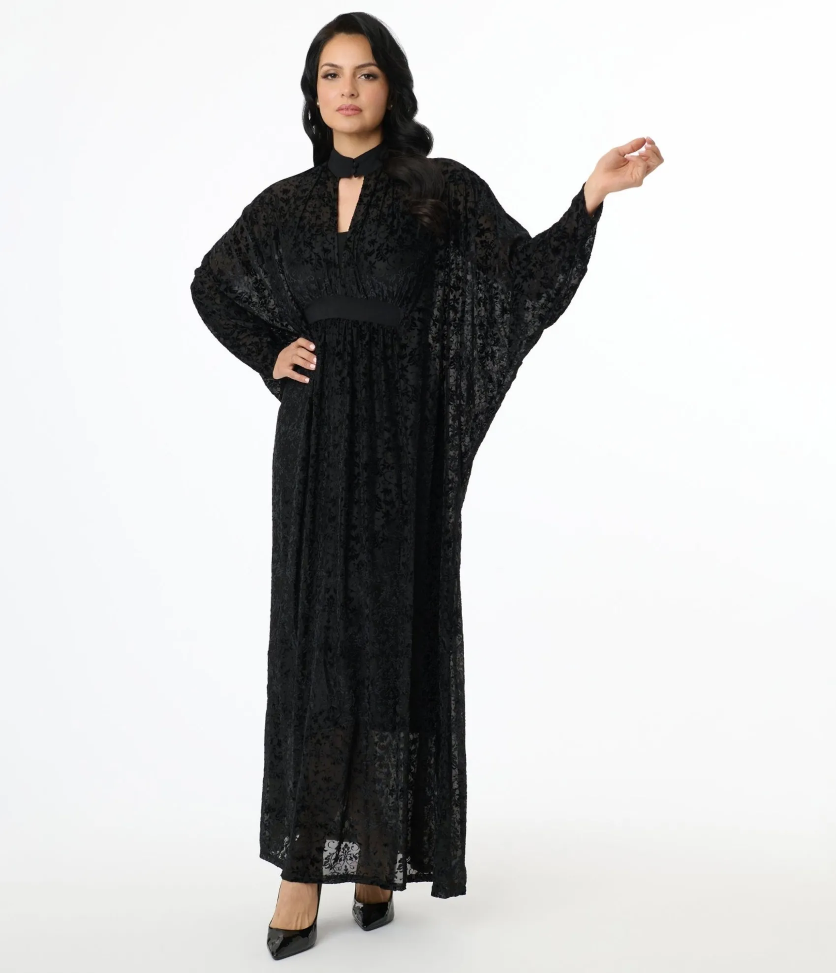Unique Vintage 1970s Black Floral Burnout Mesh High Neck Caftan Outlet