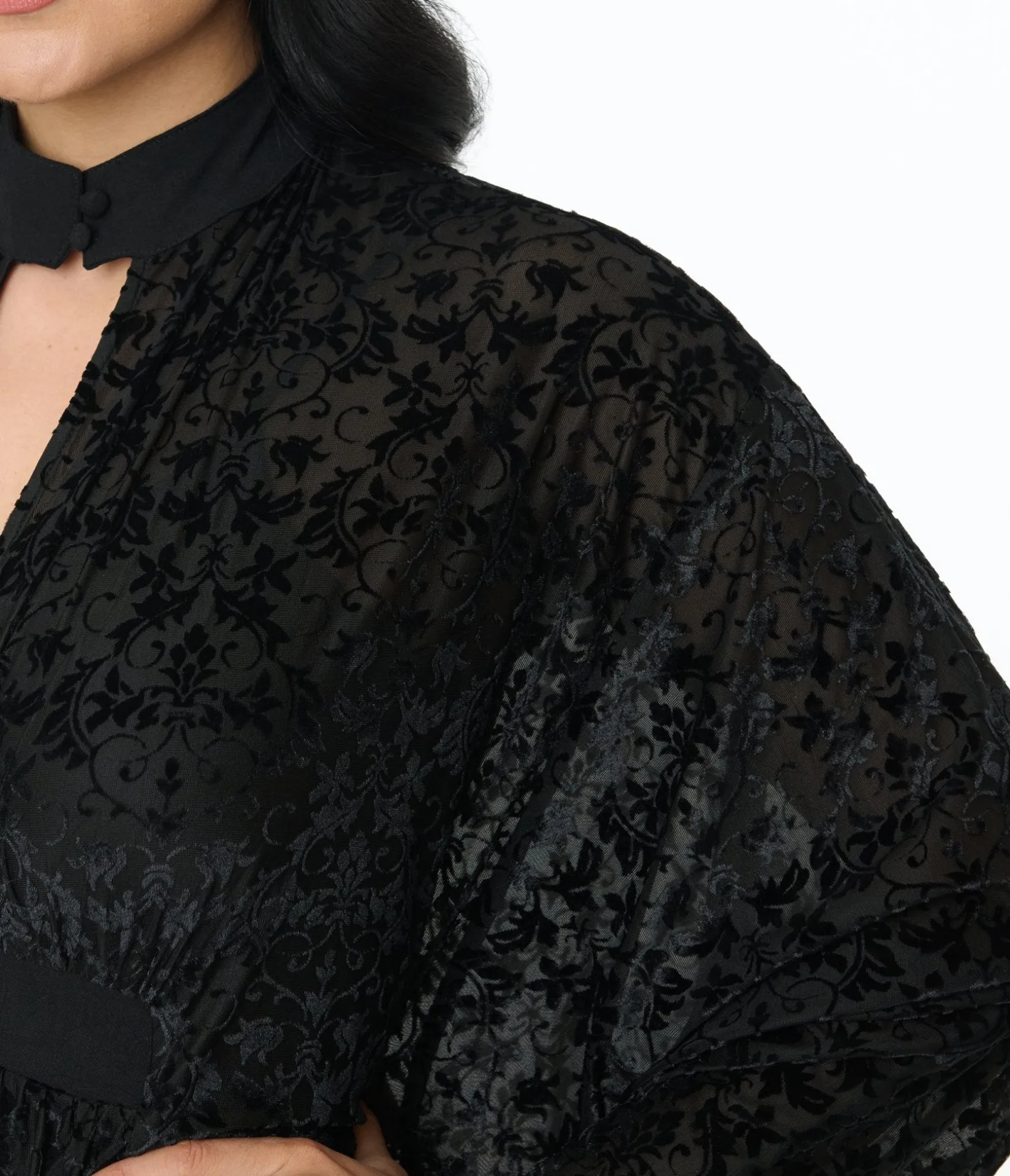 Unique Vintage 1970s Black Floral Burnout Mesh High Neck Caftan Outlet
