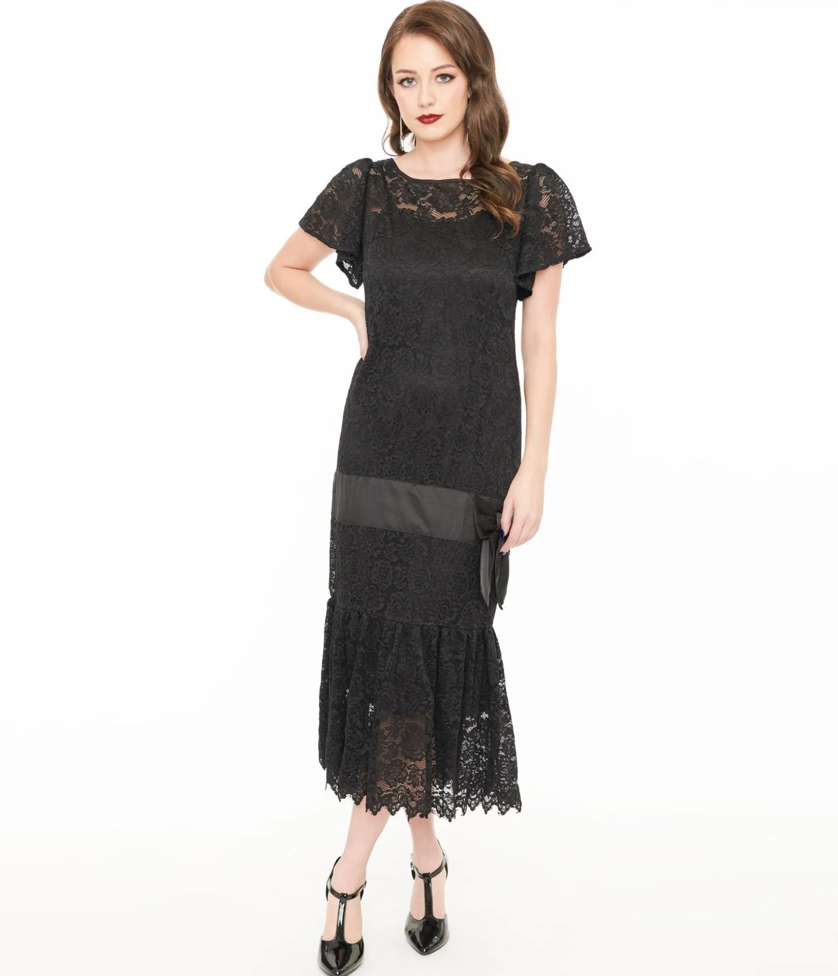 Unique Vintage 1920s Black Floral Lace & Bow Flapper Dress Cheap