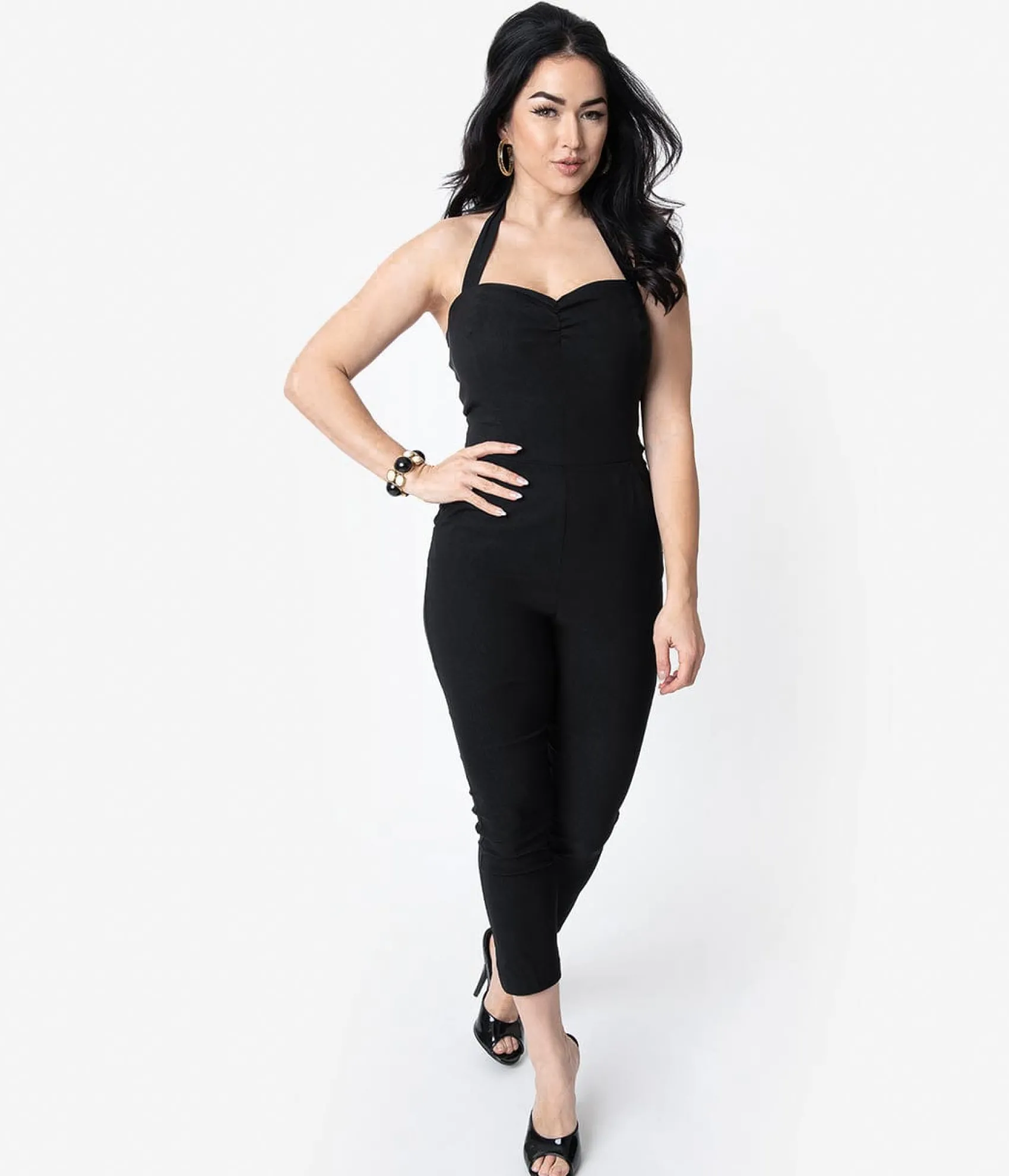 Unique Vintage 1950s Black Halter Marcel Jumpsuit Hot