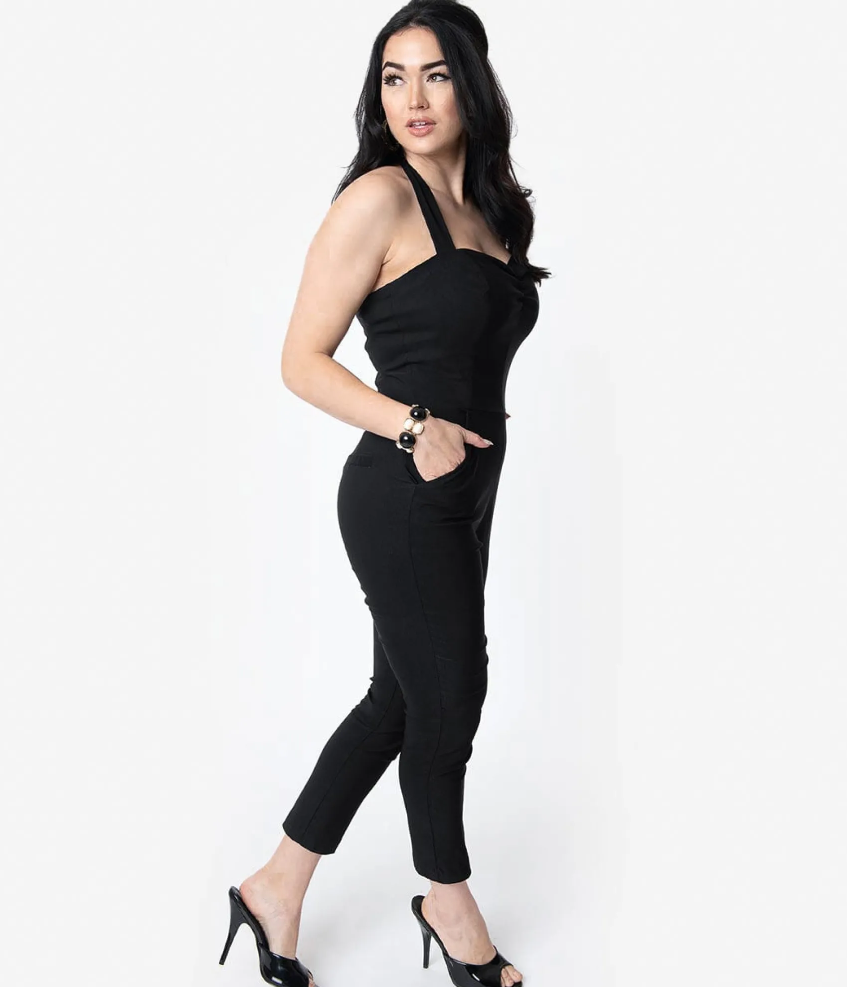 Unique Vintage 1950s Black Halter Marcel Jumpsuit Hot