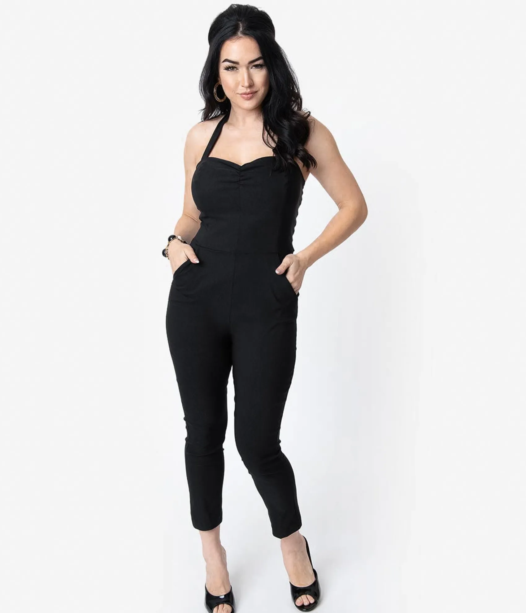 Unique Vintage 1950s Black Halter Marcel Jumpsuit Hot