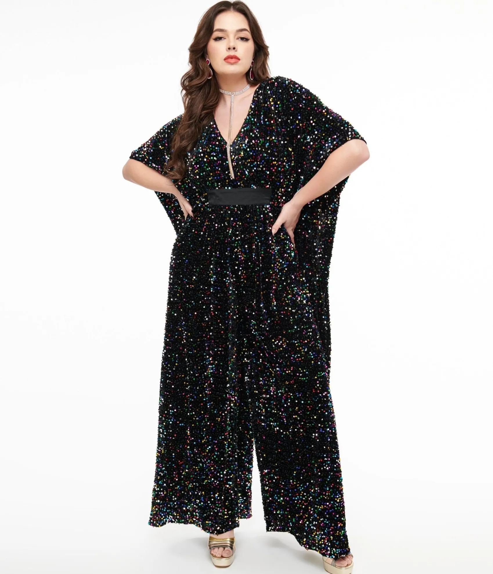 Unique Vintage 1970s Black Iridescent Sequin Caftan Jumpsuit Outlet