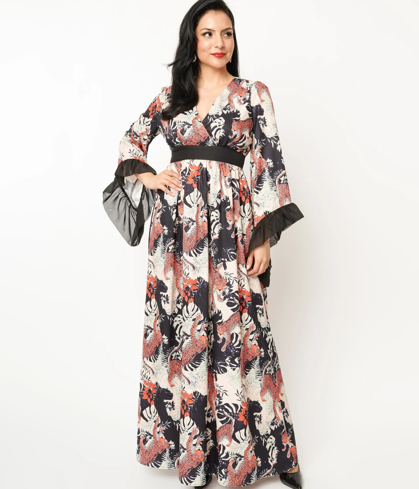 Unique Vintage 1970s Black Jungle Cat Print Maxi Dress Best Sale