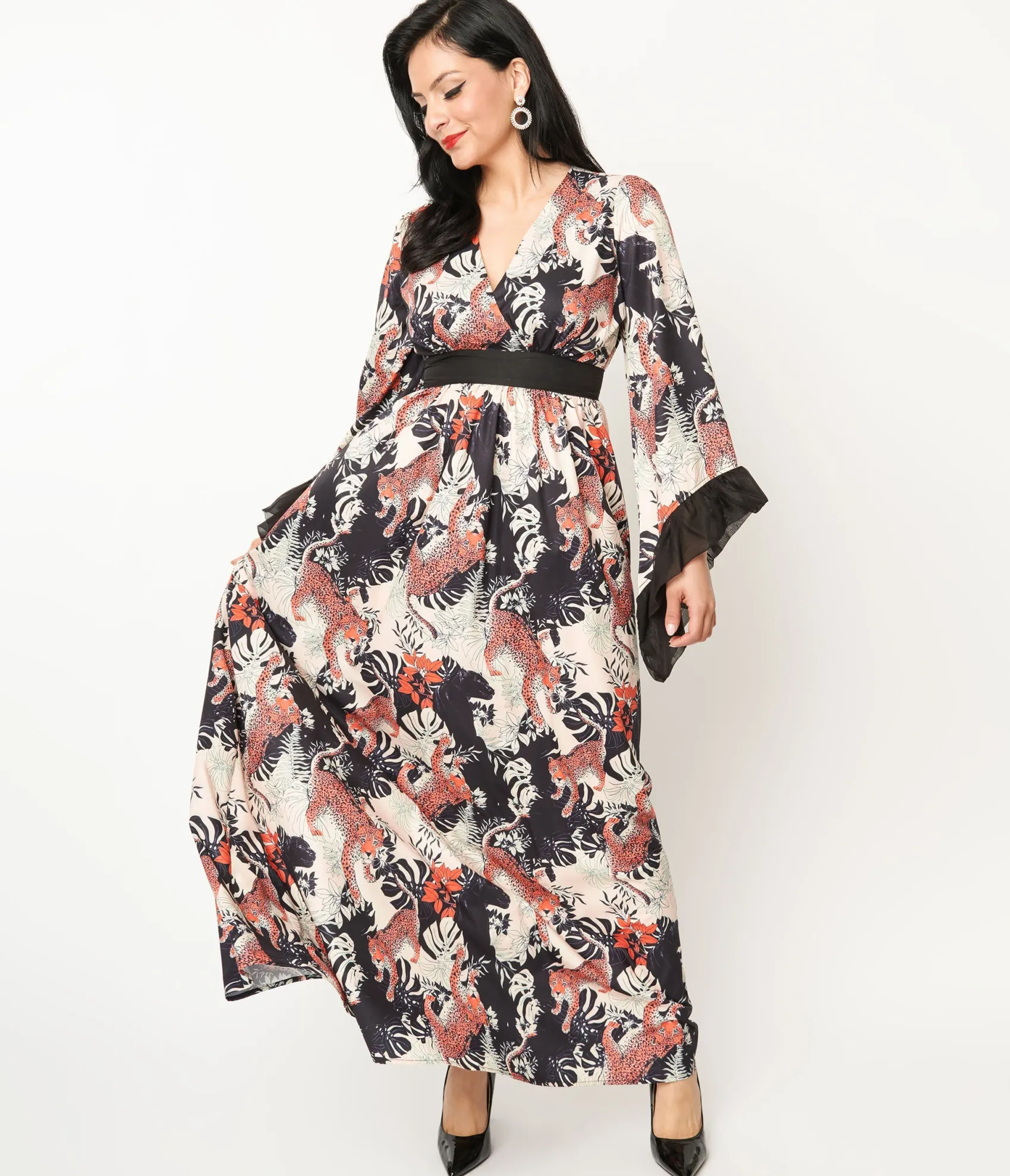 Unique Vintage 1970s Black Jungle Cat Print Maxi Dress Best Sale
