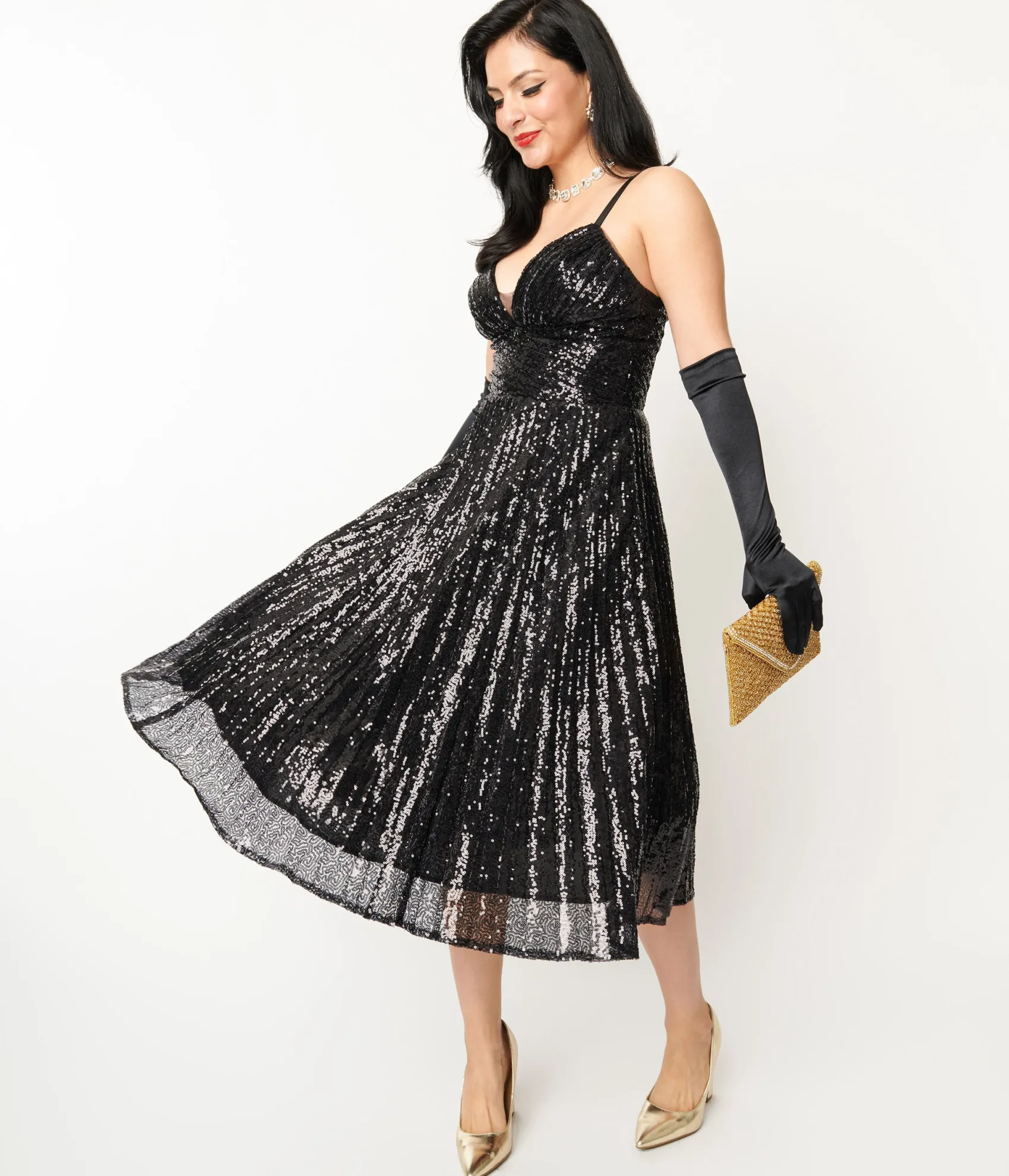 Unique Vintage 1950s Black Pleated Sequin Swing Dress Discount