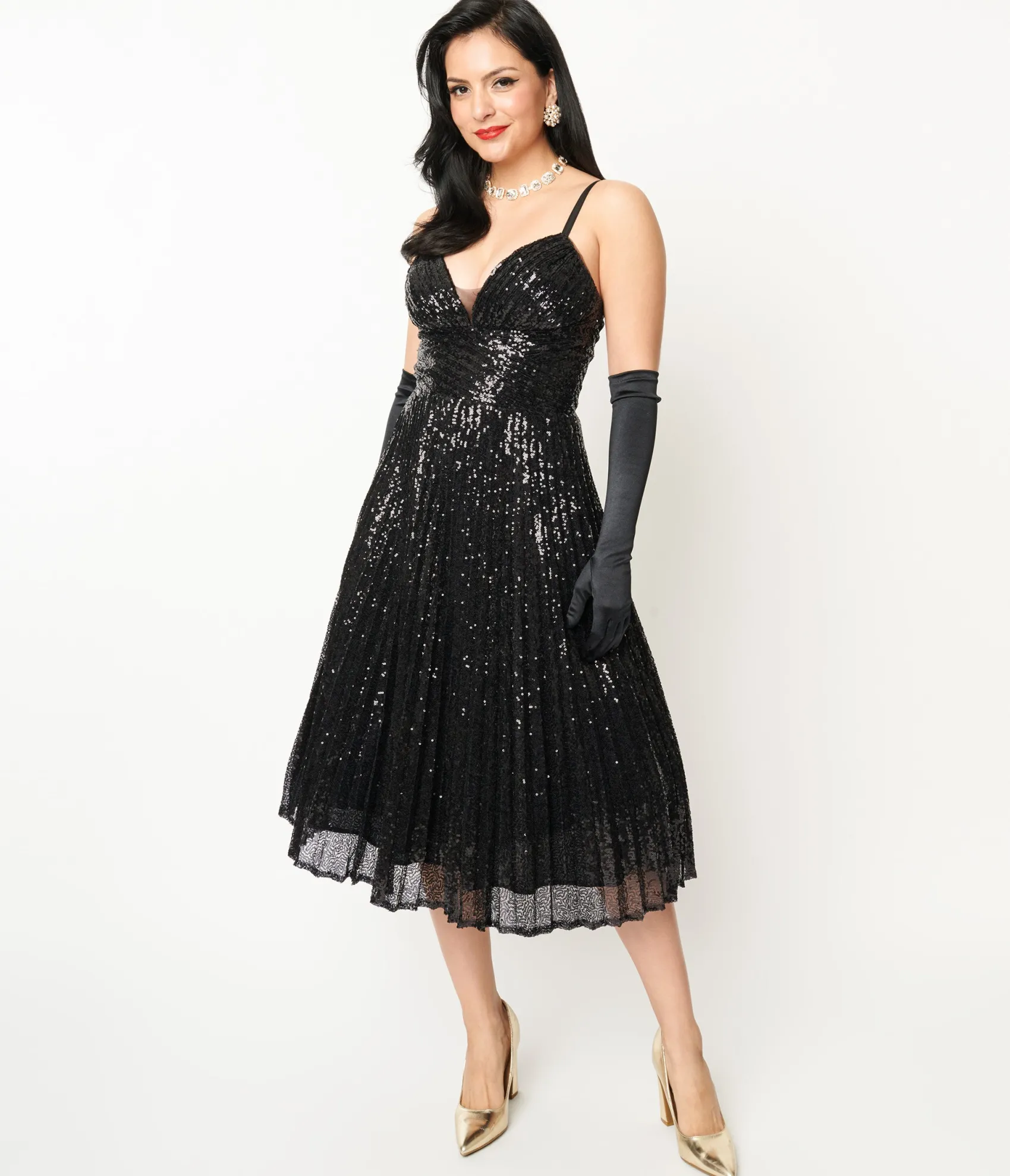 Unique Vintage 1950s Black Pleated Sequin Swing Dress Discount