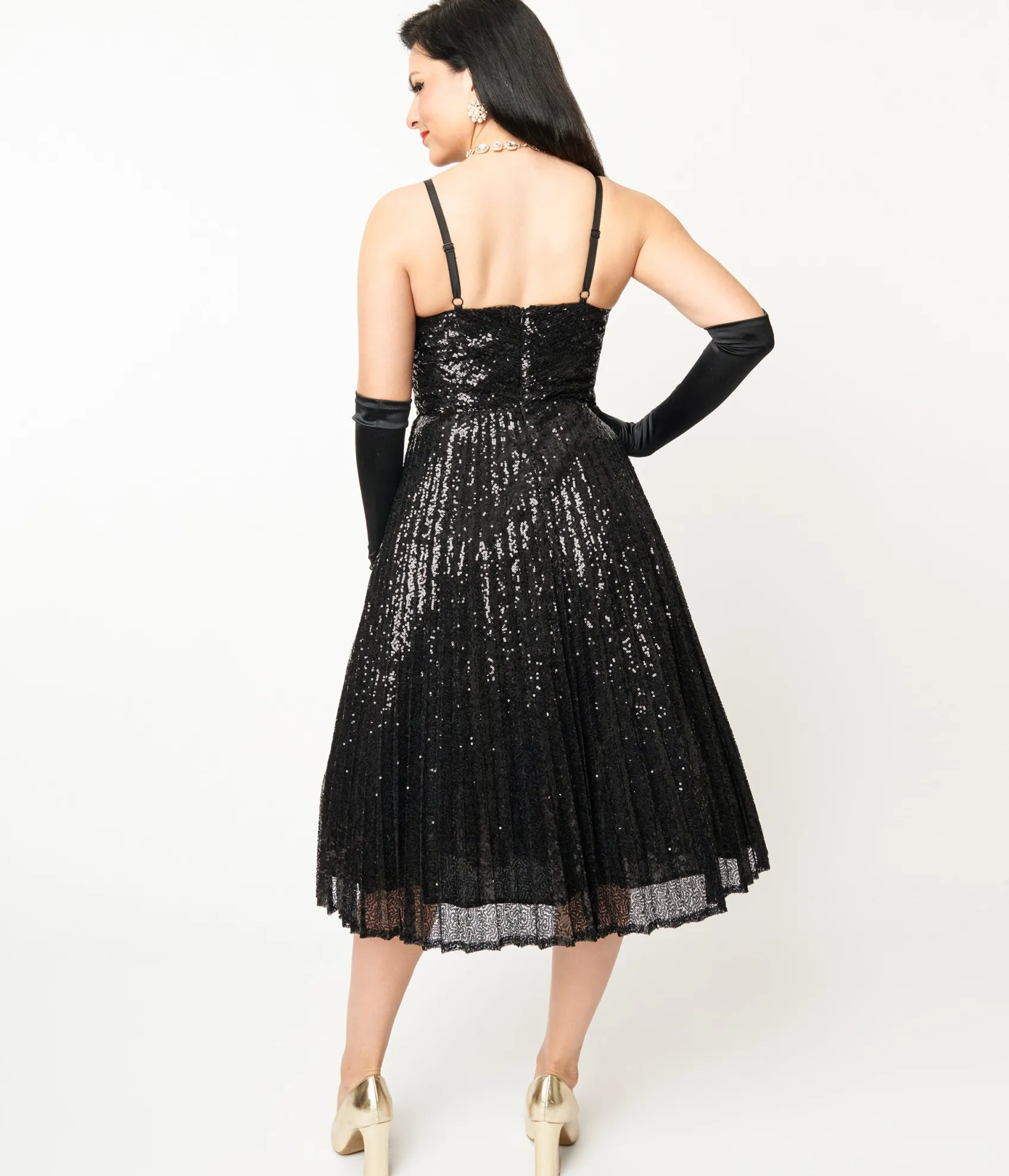 Unique Vintage 1950s Black Pleated Sequin Swing Dress Discount