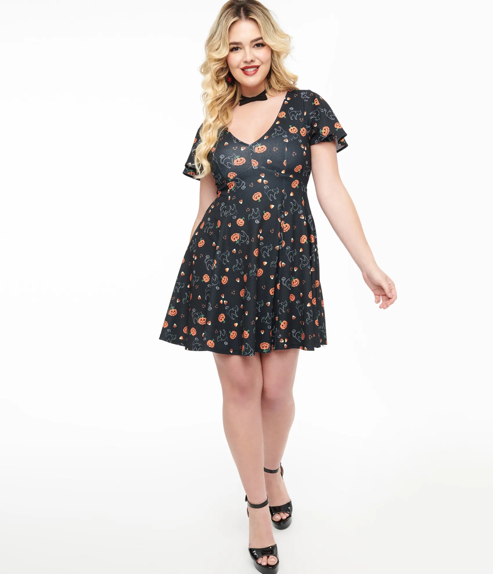 Unique Vintage 1950s Black Spooky Cats & Pumpkins Poppy Flare Dress Fashion
