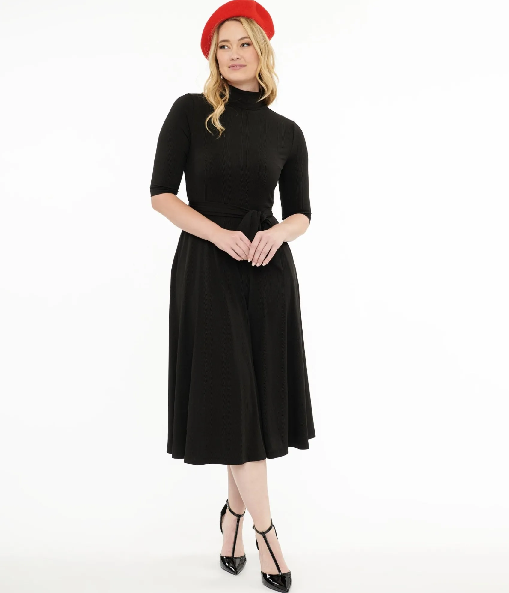 Unique Vintage 1950s Black Turtleneck Midi Dress Flash Sale