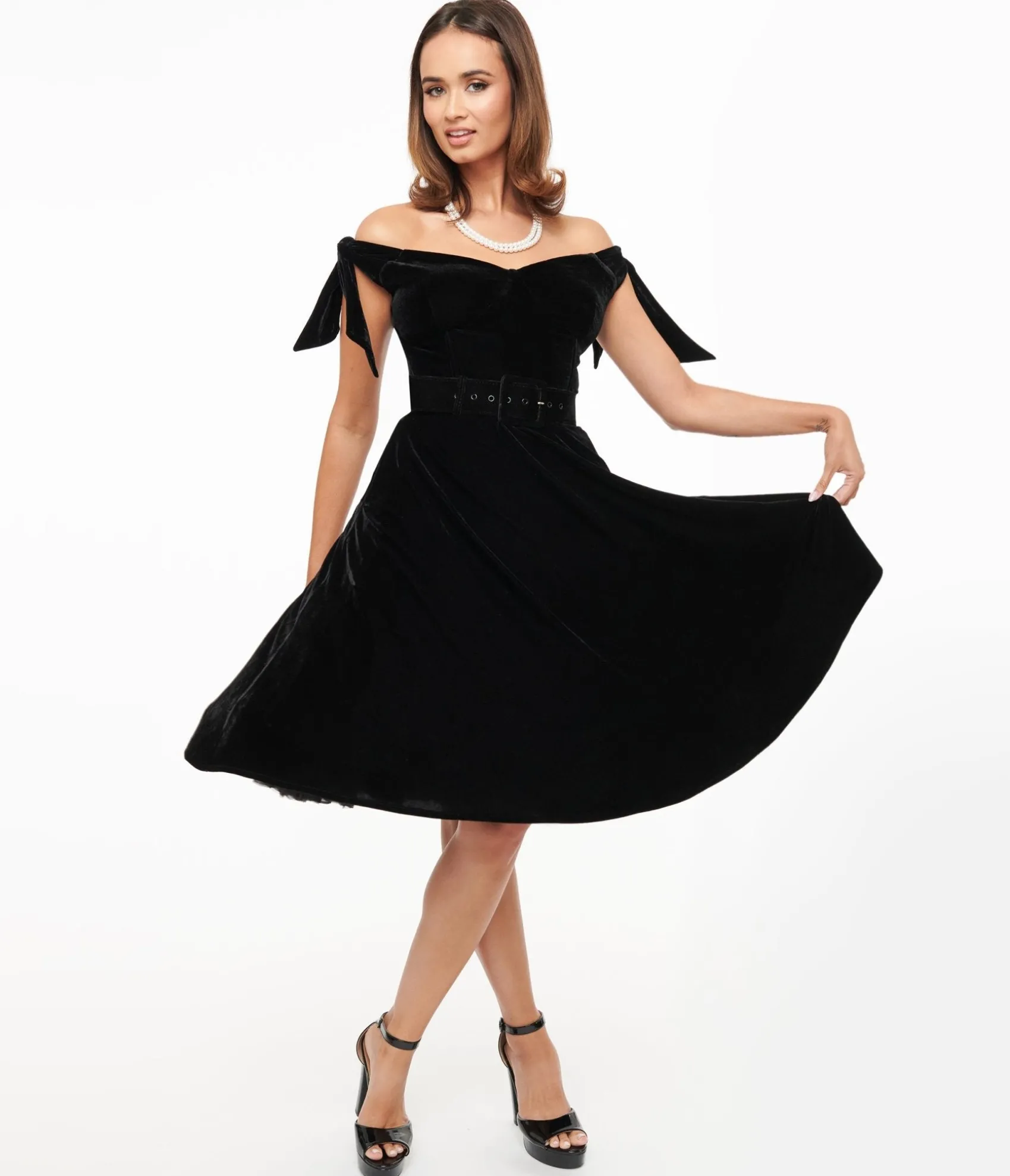 Unique Vintage 1960s Black Velvet Off The Shoulder Swing Dress Sale