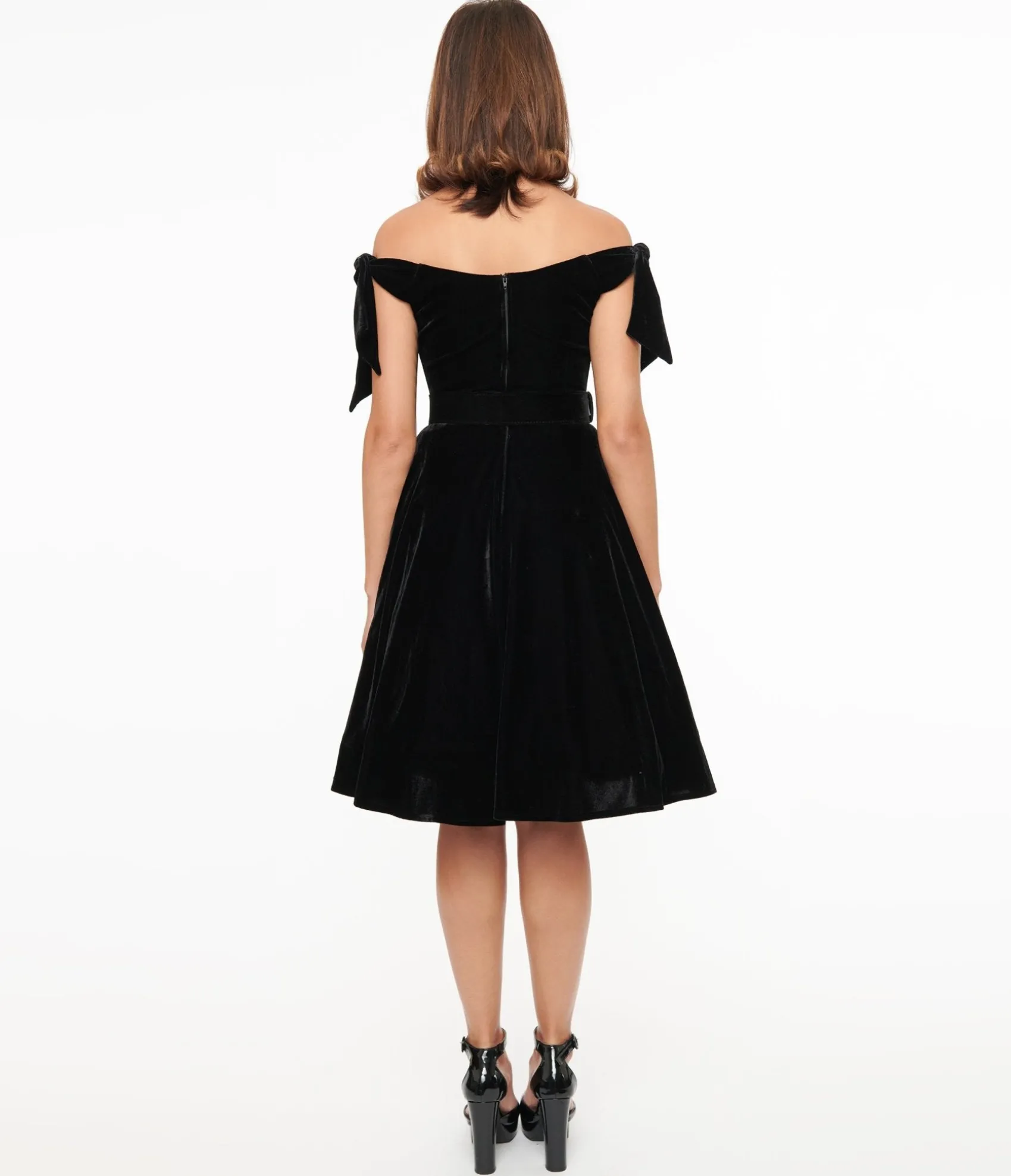 Unique Vintage 1960s Black Velvet Off The Shoulder Swing Dress Sale