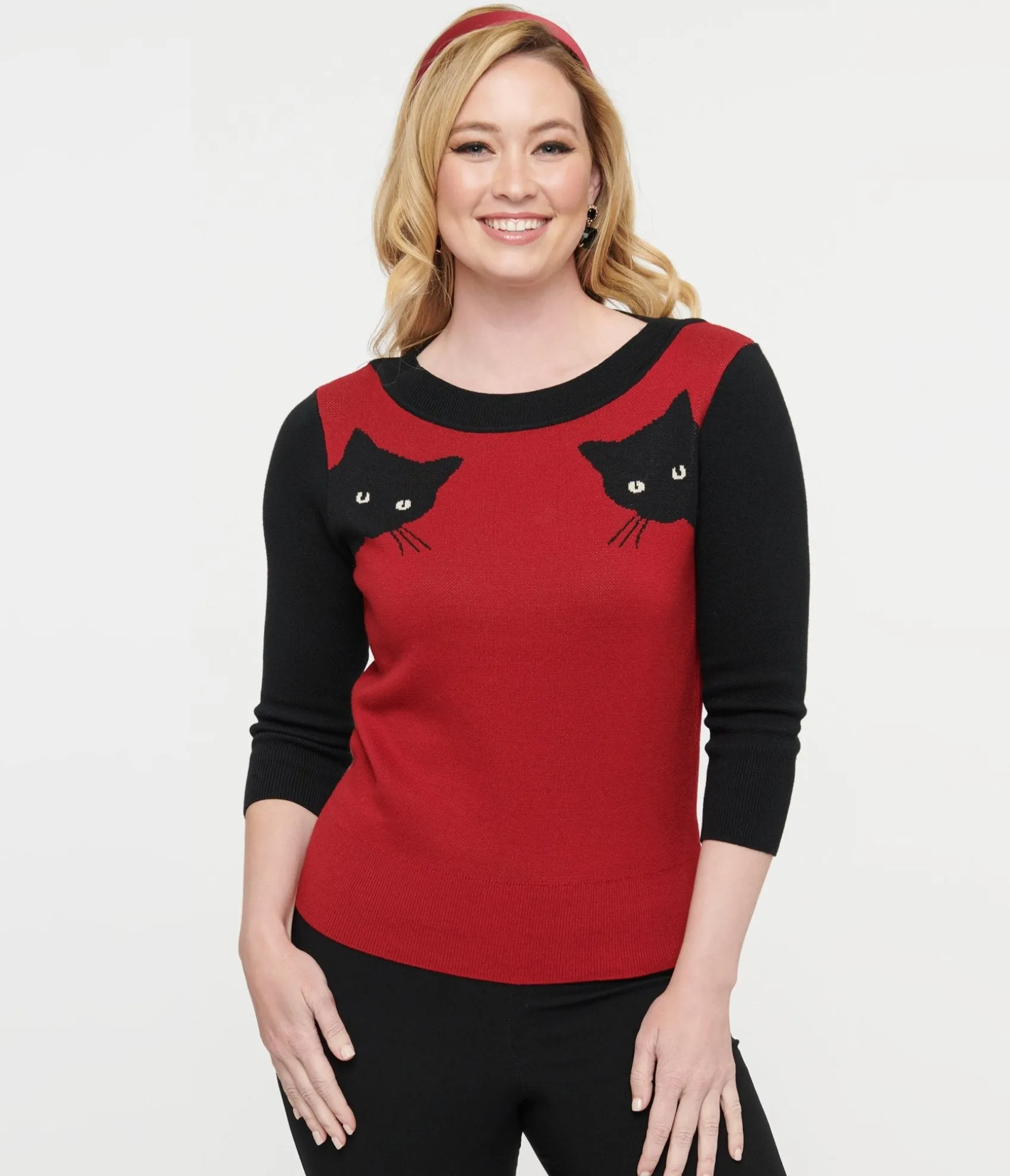 Unique Vintage 1950s Burgundy & Black Cat Sleeve Minou Sweater New