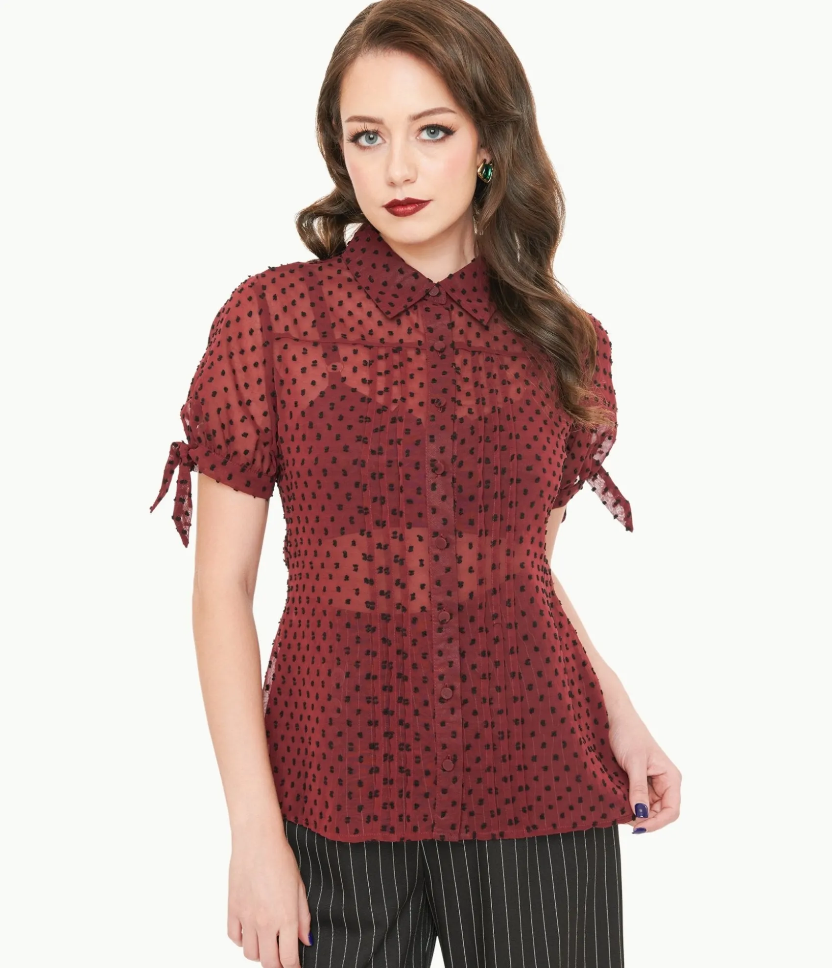 Unique Vintage 1950s Burgundy & Black Clip Dot Tie Cuff Blouse Cheap