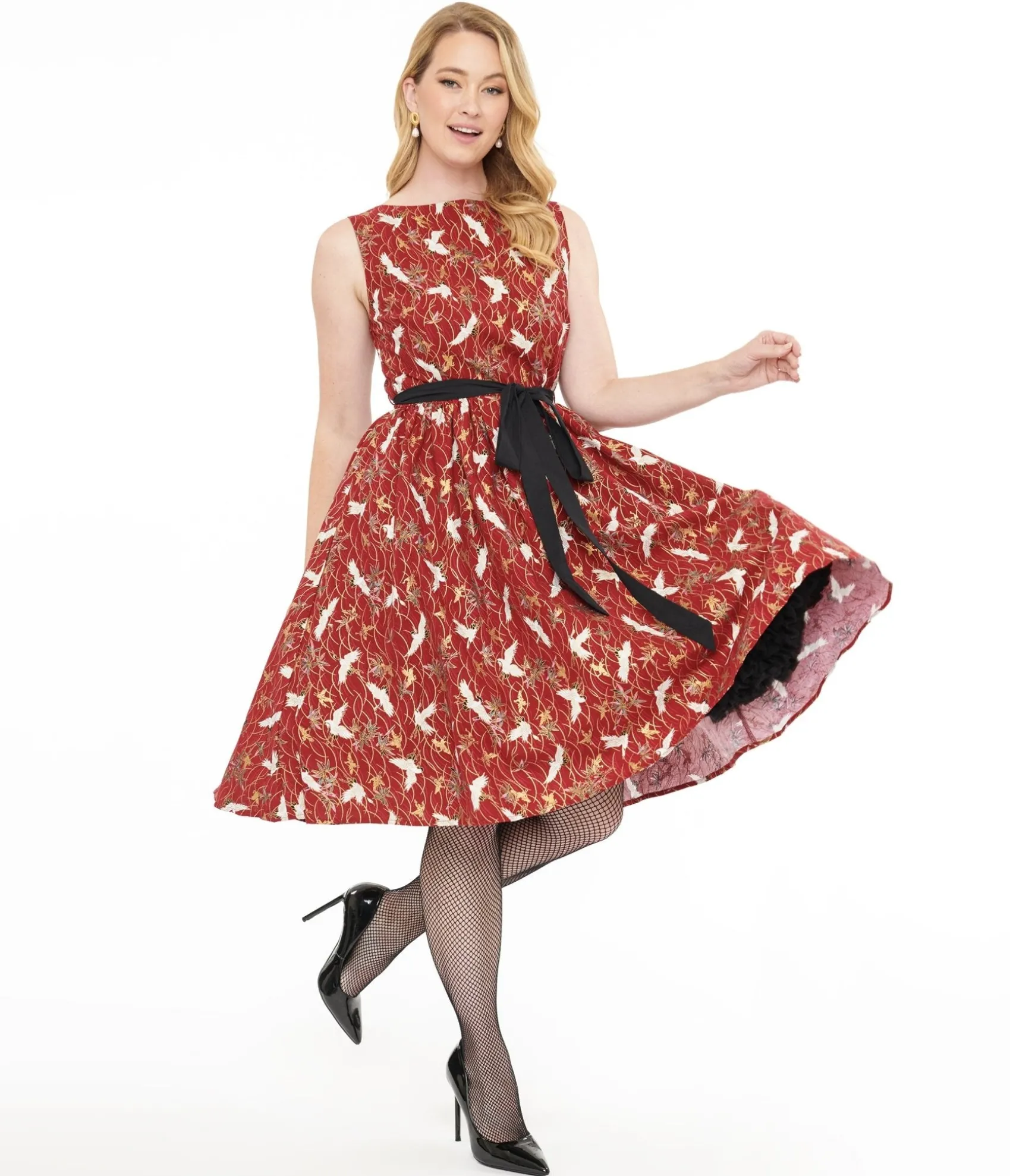 Unique Vintage 1950s Burgundy Fall Crane Sleeveless Swing Dress Online