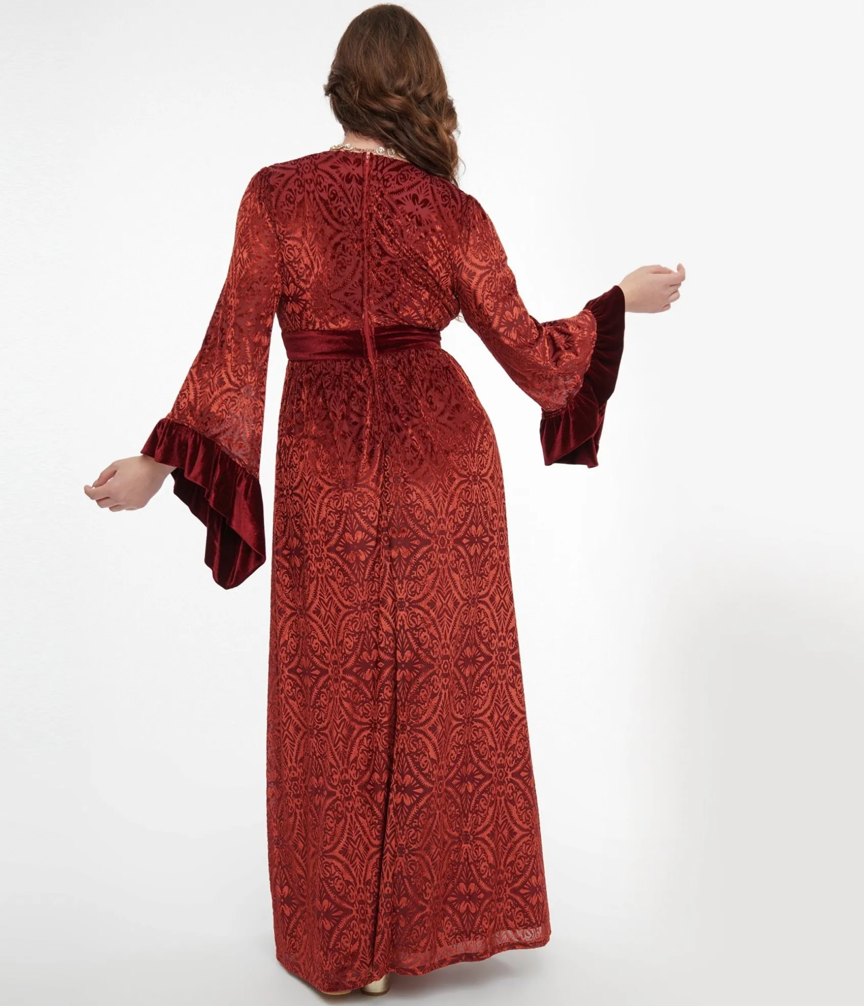 Unique Vintage 1970s Burgundy Velvet Burnout Maxi Dress Flash Sale
