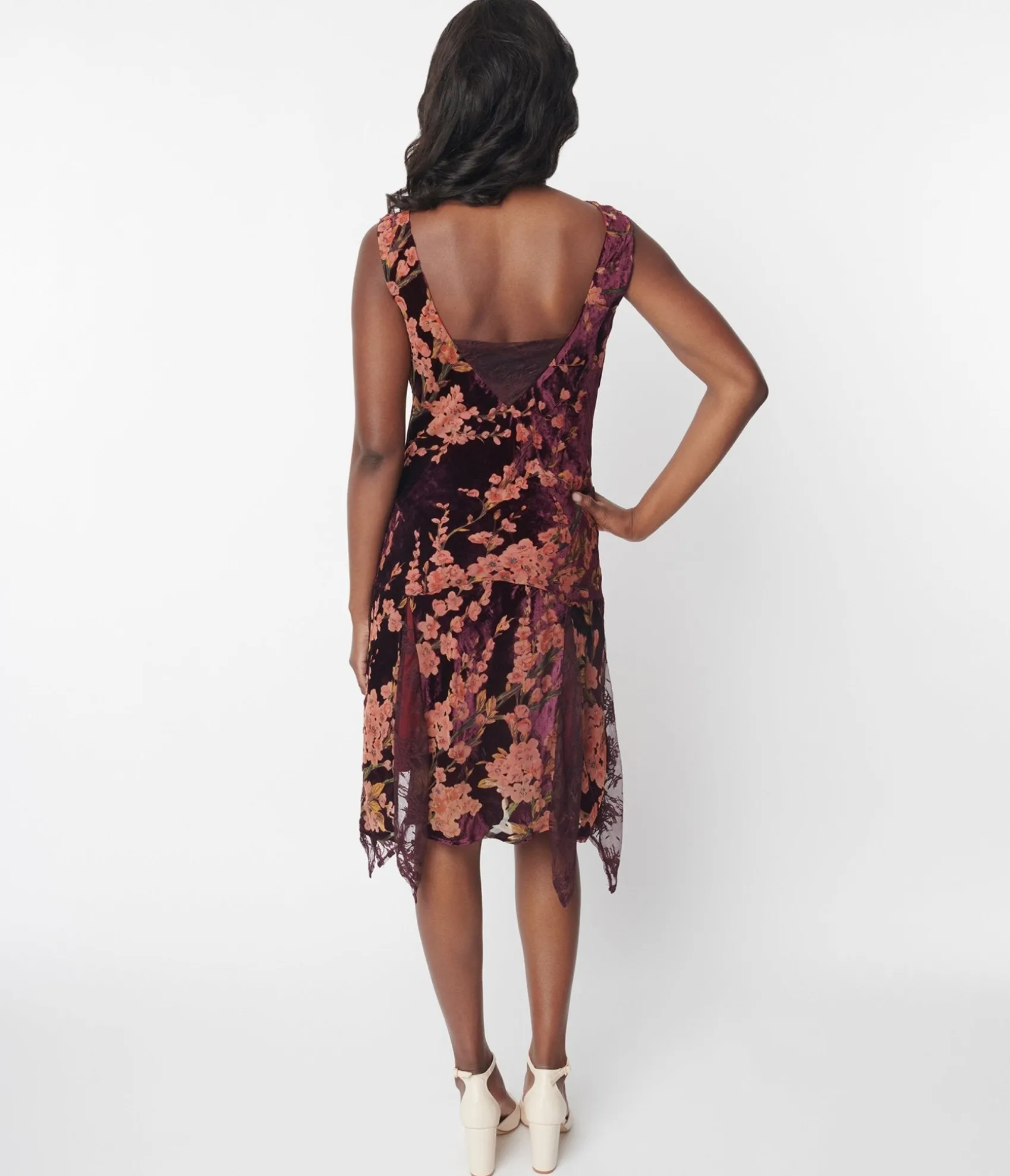 Unique Vintage 1920s Burgundy Velvet Floral Burnout Hemingway Flapper Dress Cheap