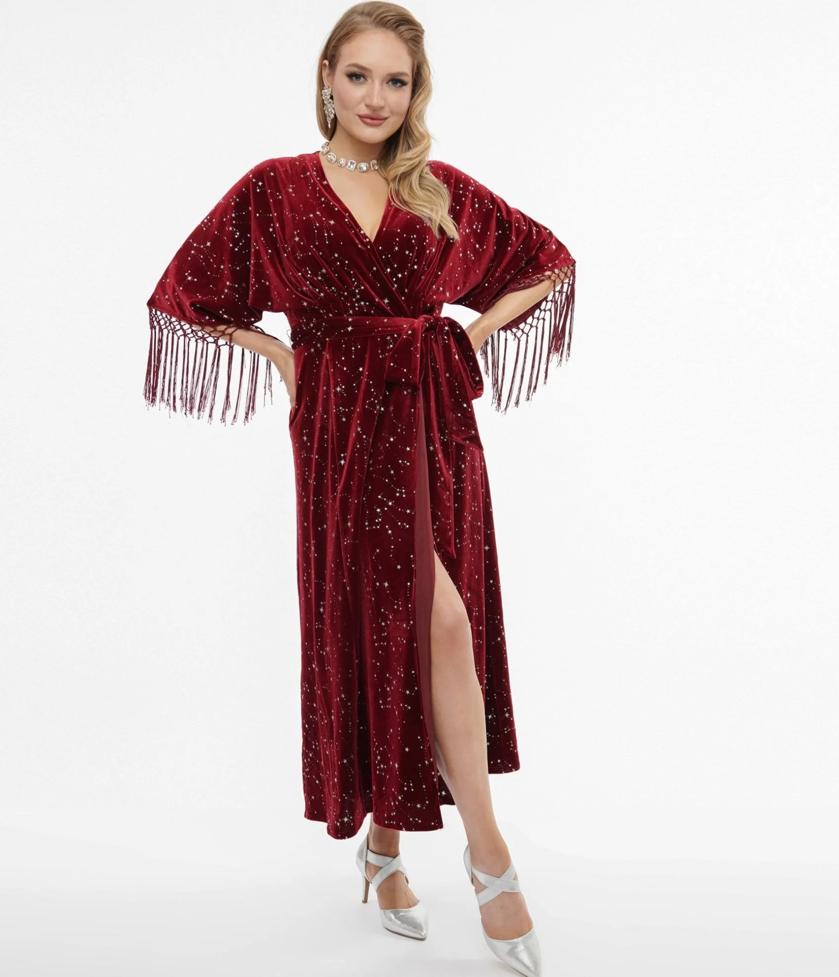 Unique Vintage 1970s Burgundy Velvet Silver Star Wrap Midi Dress Shop