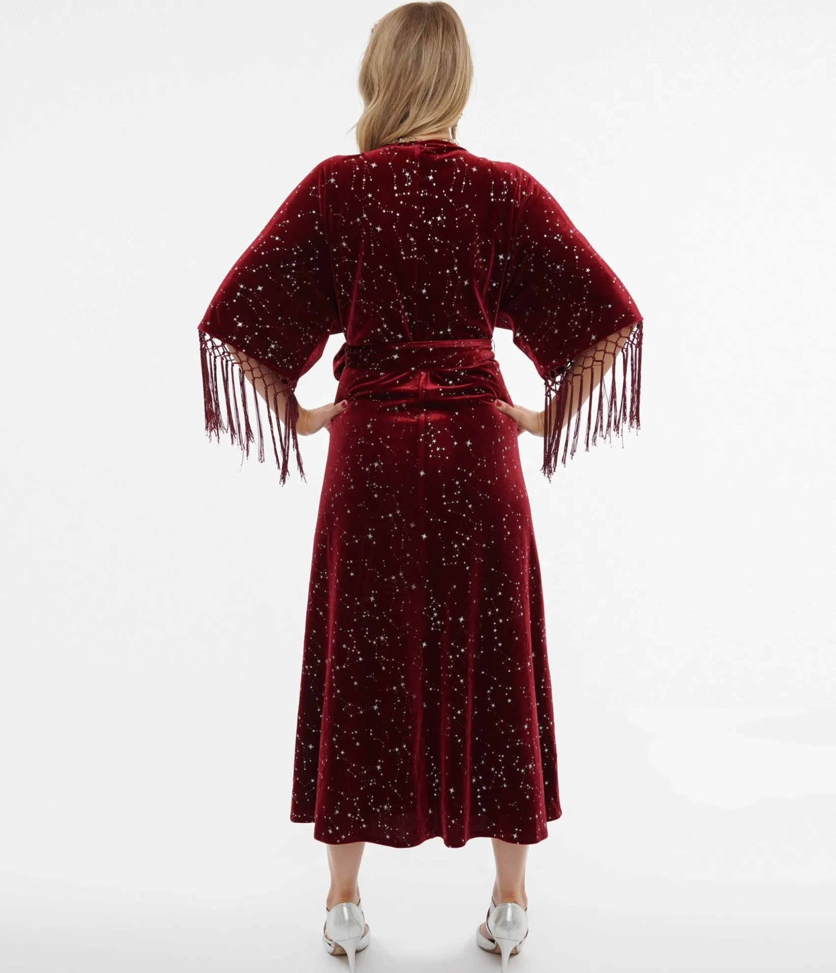 Unique Vintage 1970s Burgundy Velvet Silver Star Wrap Midi Dress Shop