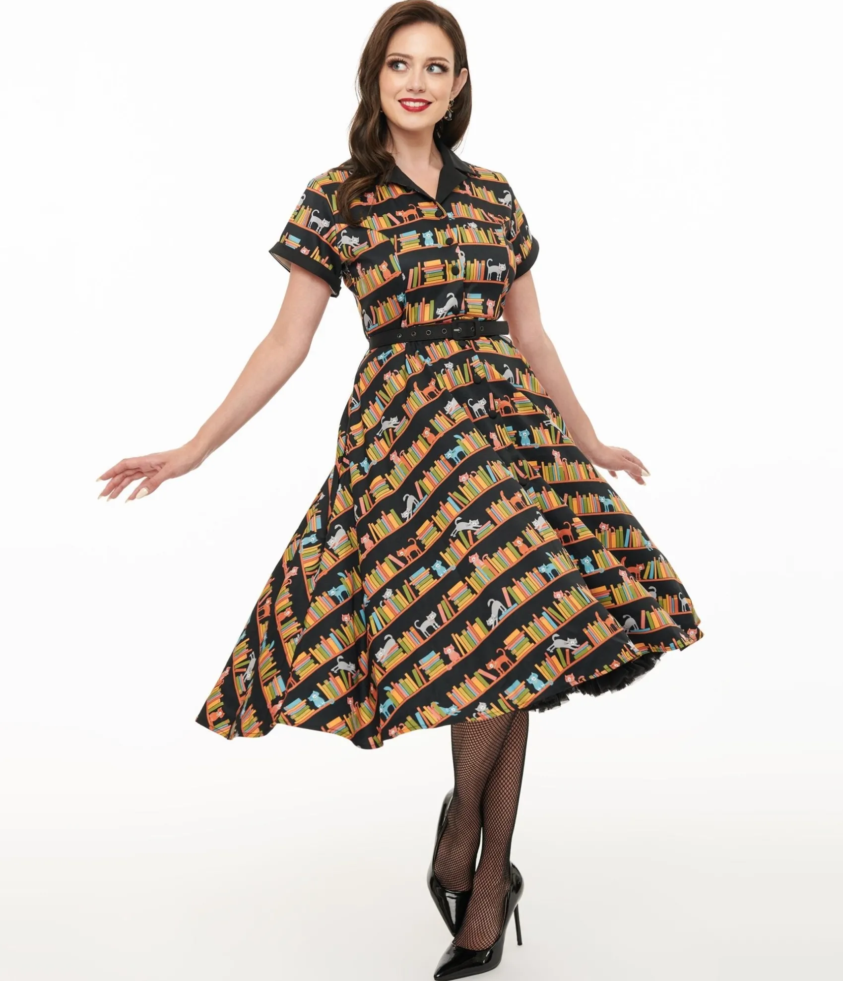 Unique Vintage 1950s Cat & Bookshelf Print Alexis Swing Dress Store