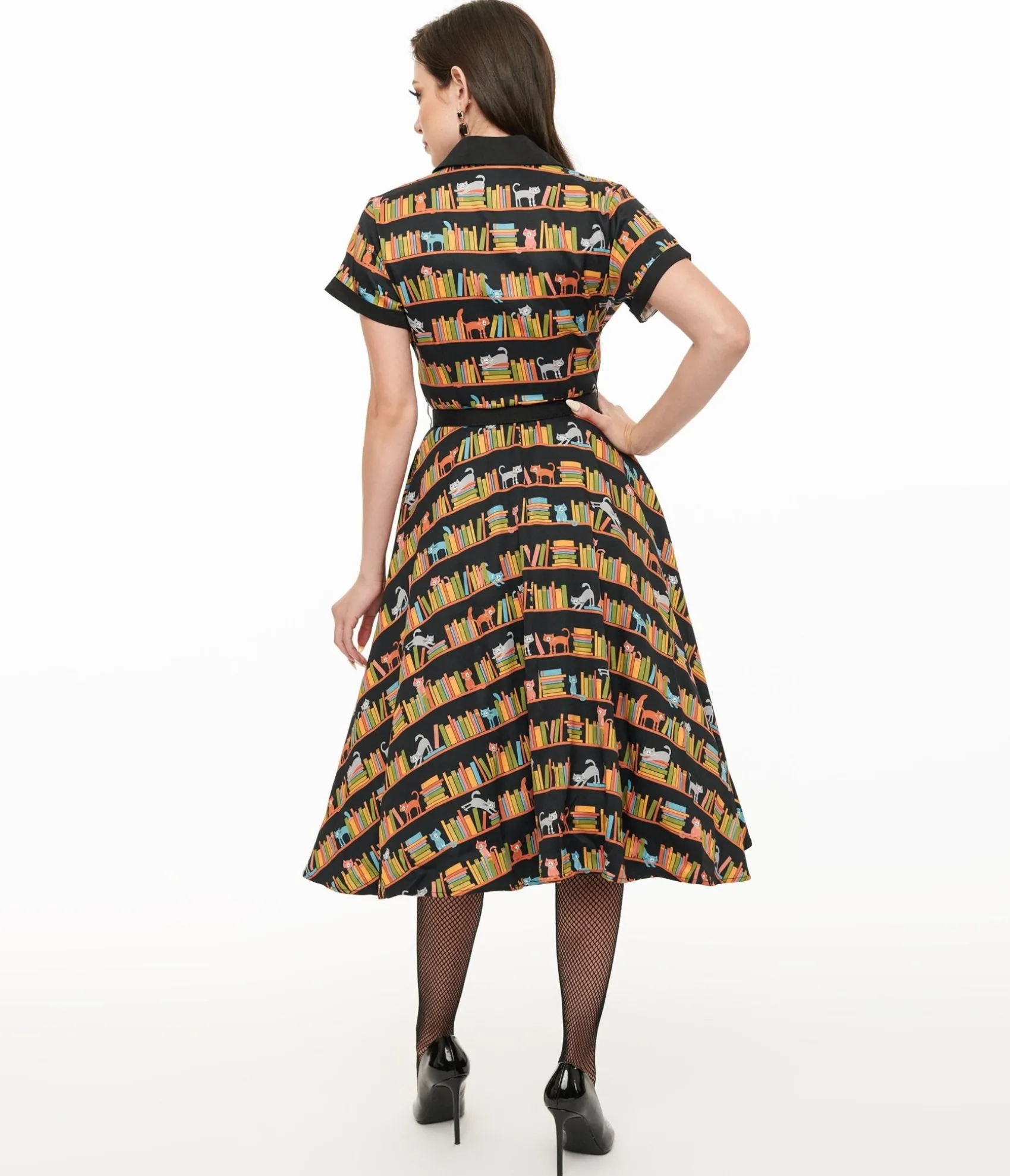 Unique Vintage 1950s Cat & Bookshelf Print Alexis Swing Dress Store