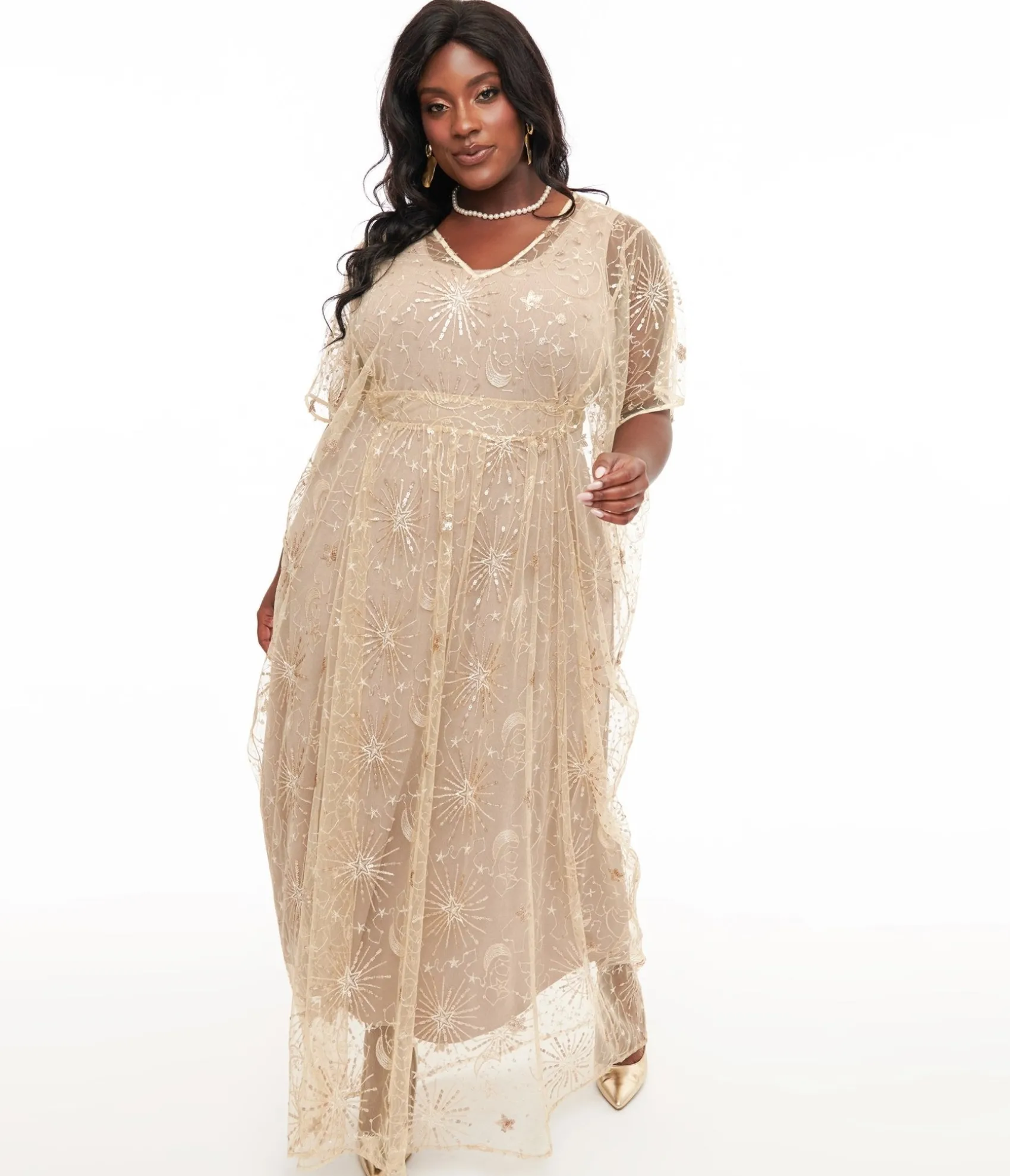 Unique Vintage 1960s Champagne Celestial Sequin Caftan Outlet