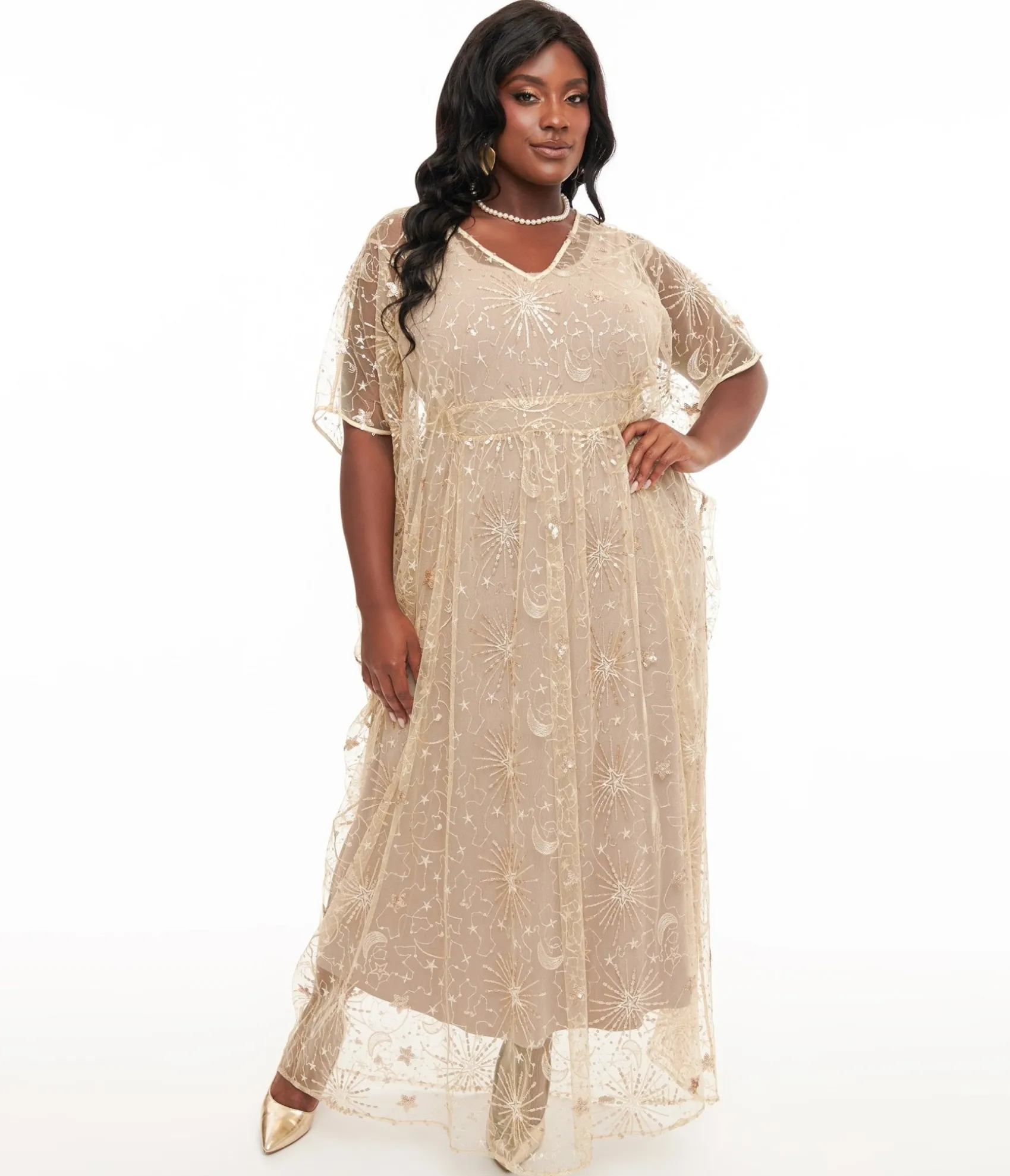 Unique Vintage 1960s Champagne Celestial Sequin Caftan Outlet