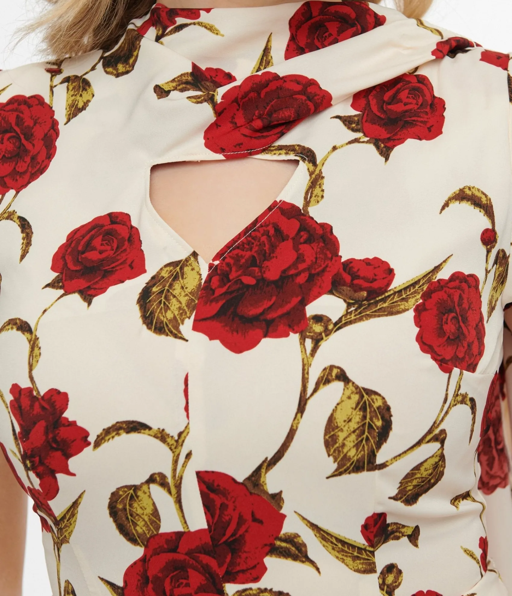 Unique Vintage 1940s Cream & Red Rose Print Sash Swing Dress New