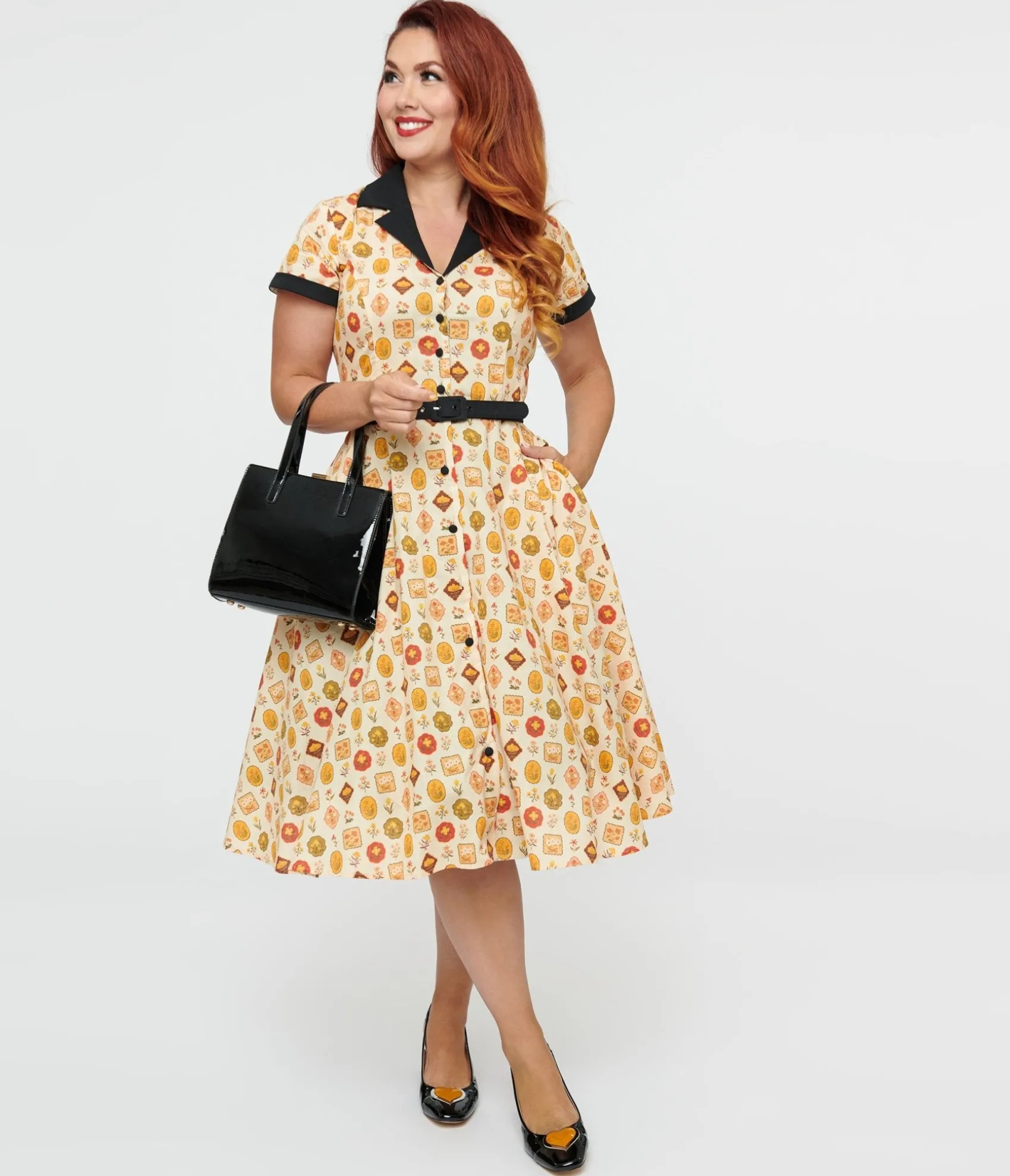 Unique Vintage 1950s Cream Floral Alexis Swing Dress Clearance