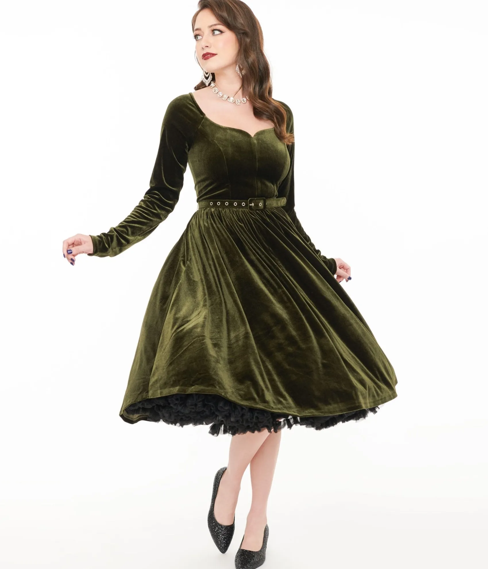 Unique Vintage 1950s Dark Olive Velvet Sweetheart Swing Dress Hot