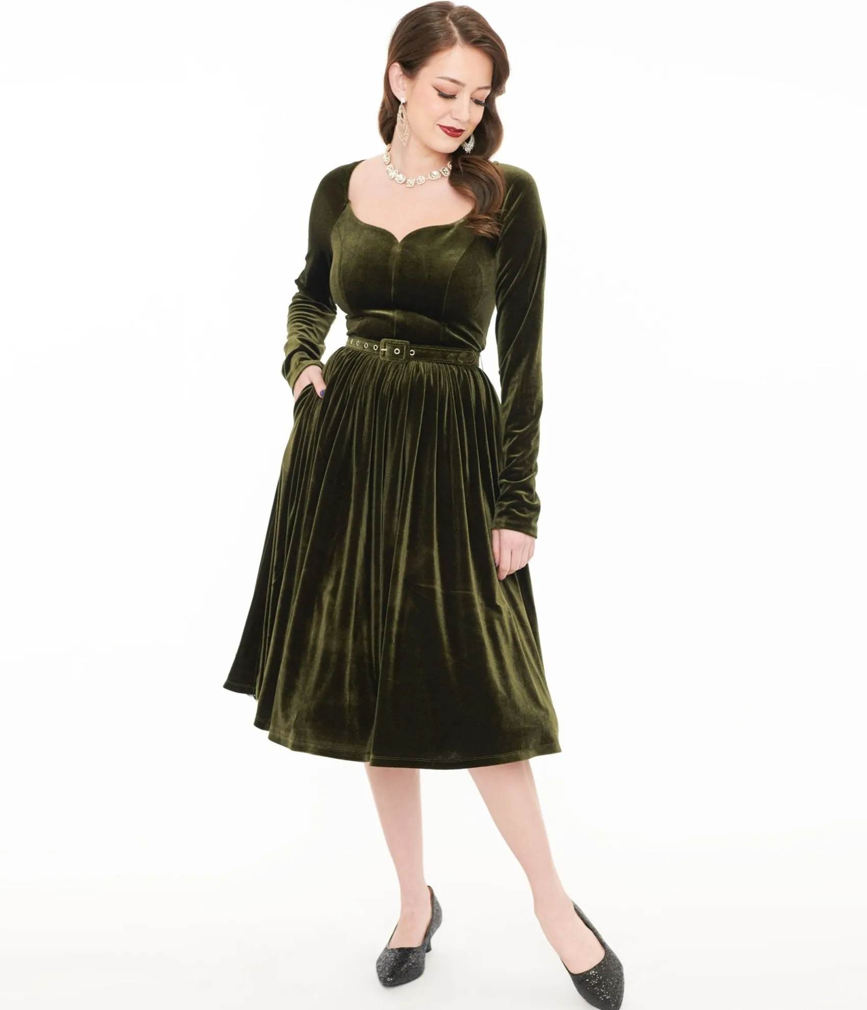Unique Vintage 1950s Dark Olive Velvet Sweetheart Swing Dress Hot