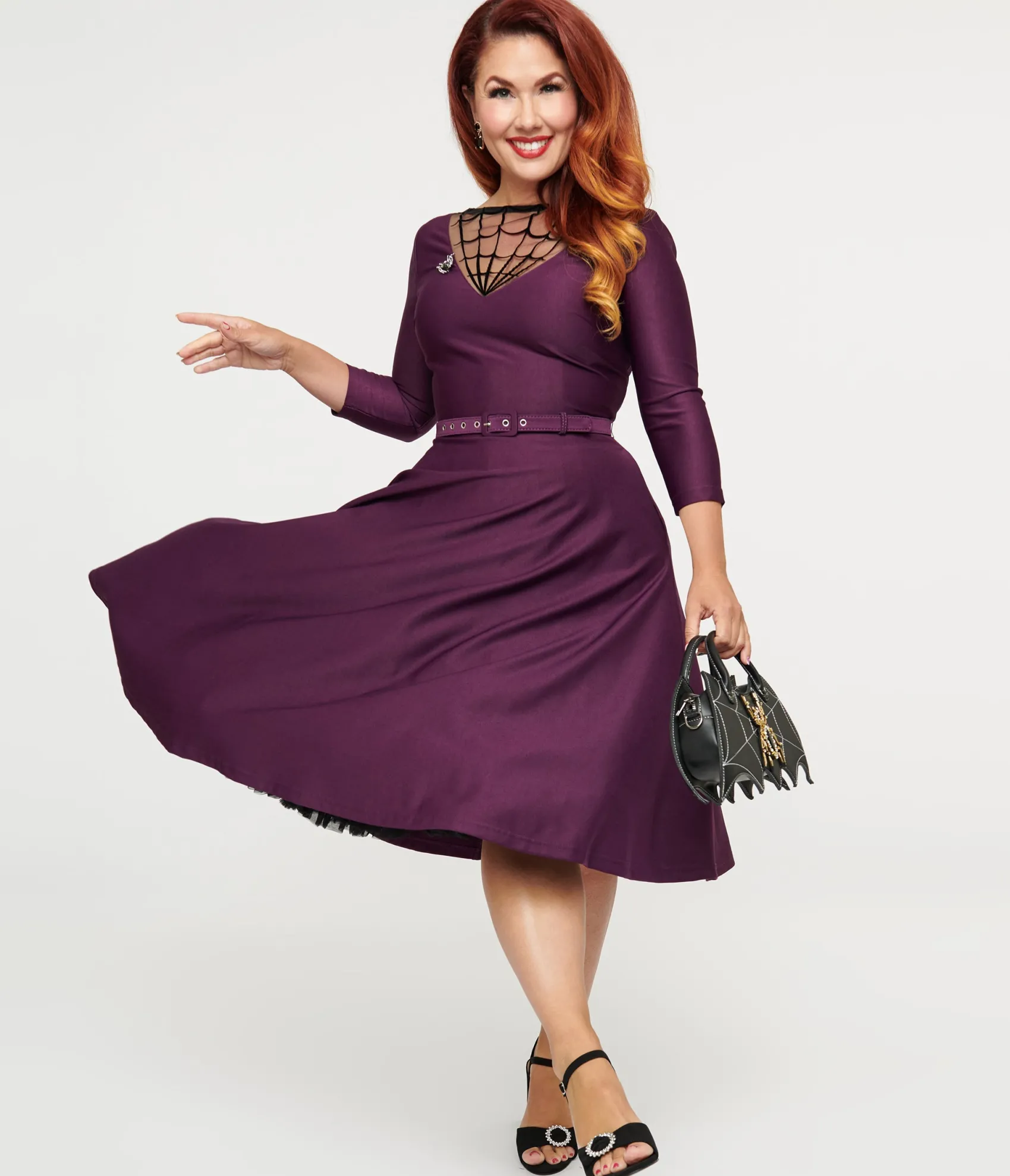 Unique Vintage 1950s Eggplant & Black Spiderweb Devon Swing Dress Cheap