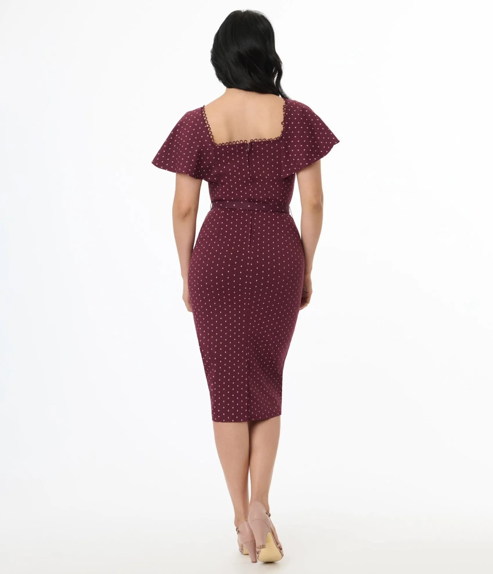 Unique Vintage 1940s Eggplant & Pink Dot Flutter Sleeve Pencil Dress Flash Sale