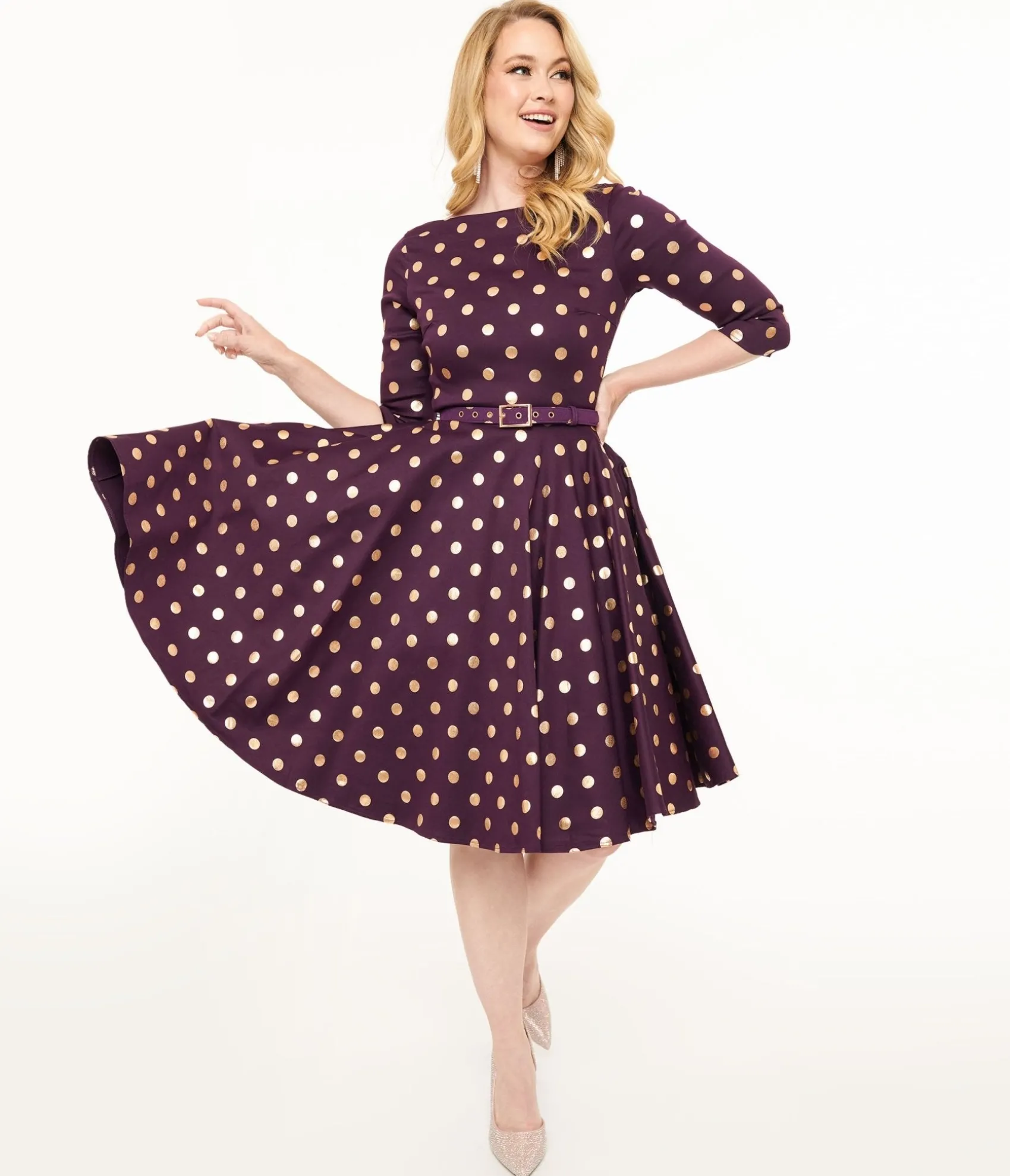 Unique Vintage 1950s Eggplant Rose Foil Polka Dot Devon Swing Dress Fashion