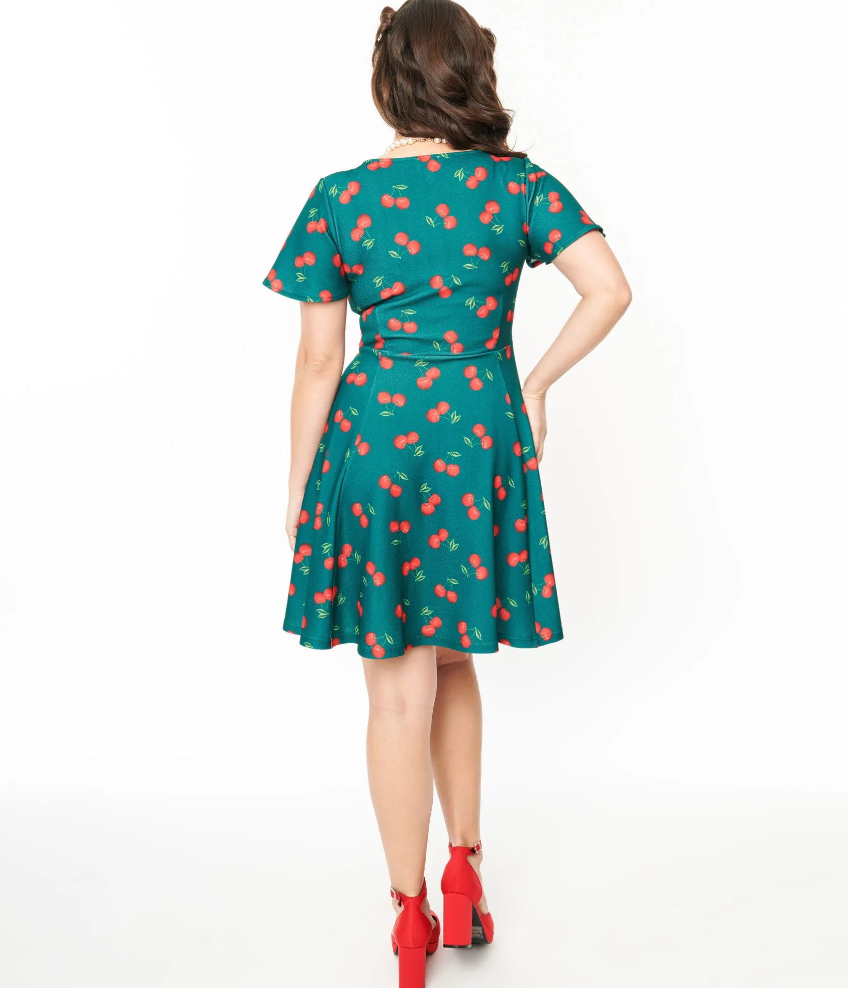 Unique Vintage 1950s Emerald & Cherry Print Poppy Flare Dress Store
