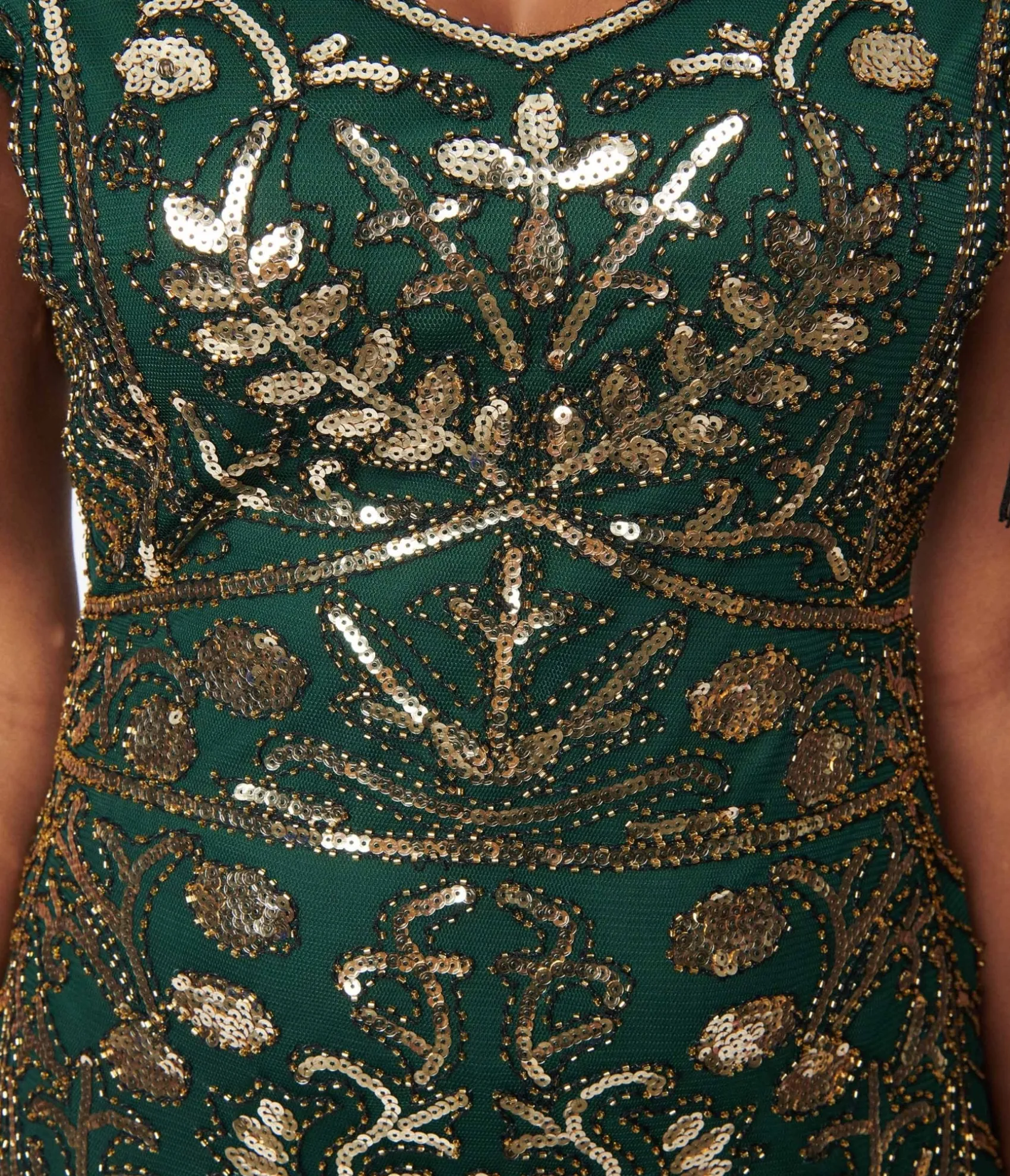 Unique Vintage 1920s Emerald & Gold Sequin Fringe Flapper Dress Best