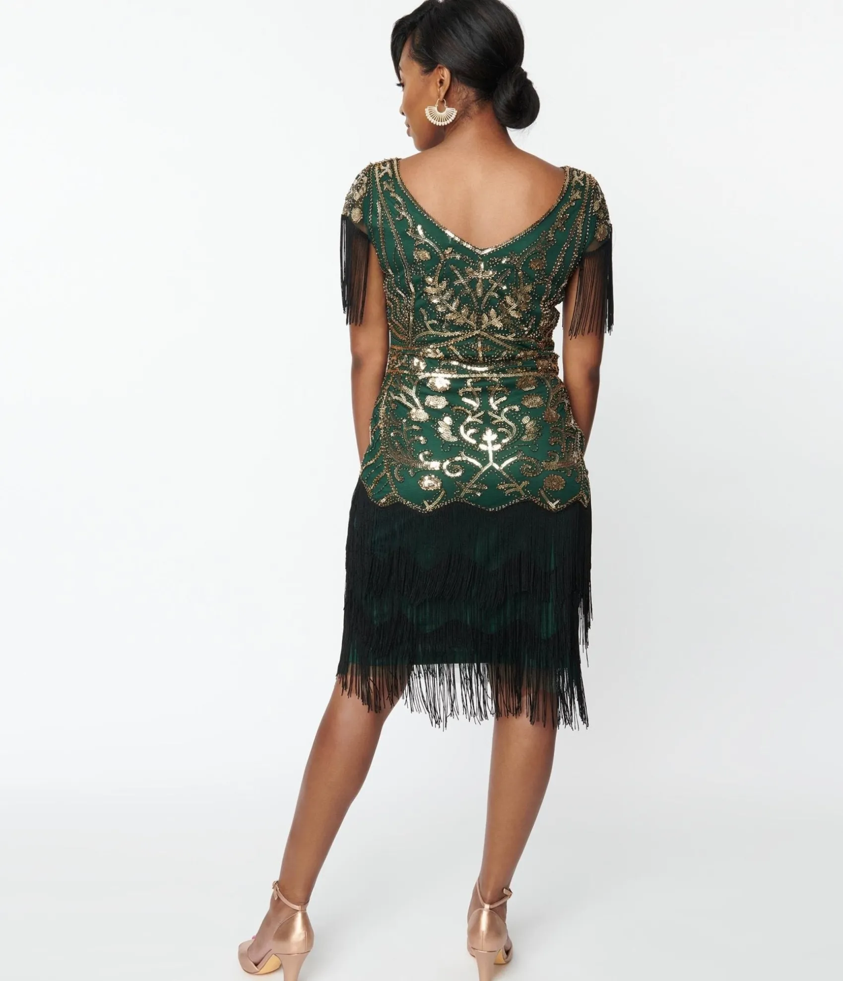 Unique Vintage 1920s Emerald & Gold Sequin Fringe Flapper Dress Best