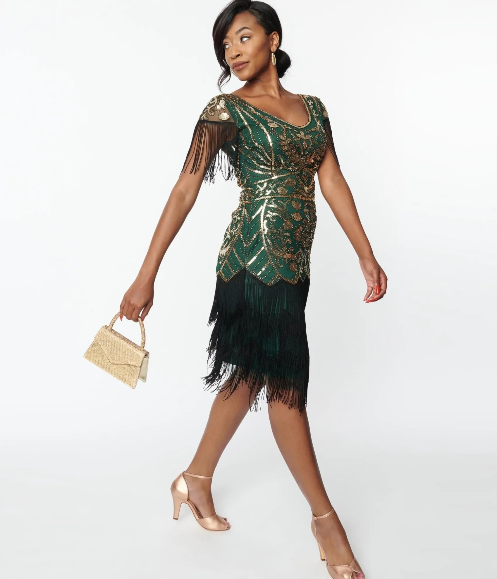 Unique Vintage 1920s Emerald & Gold Sequin Fringe Flapper Dress Best