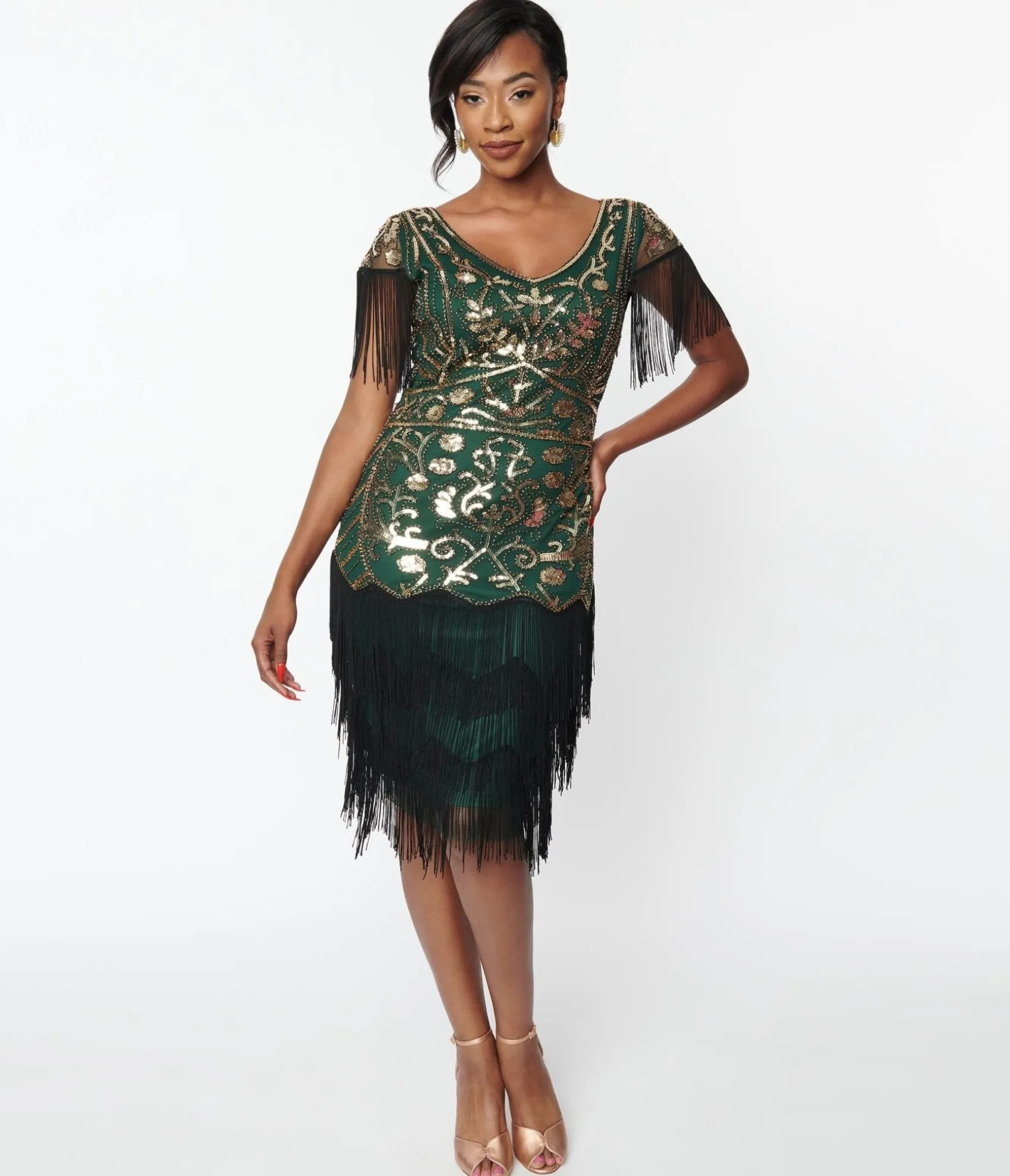 Unique Vintage 1920s Emerald & Gold Sequin Fringe Flapper Dress Best