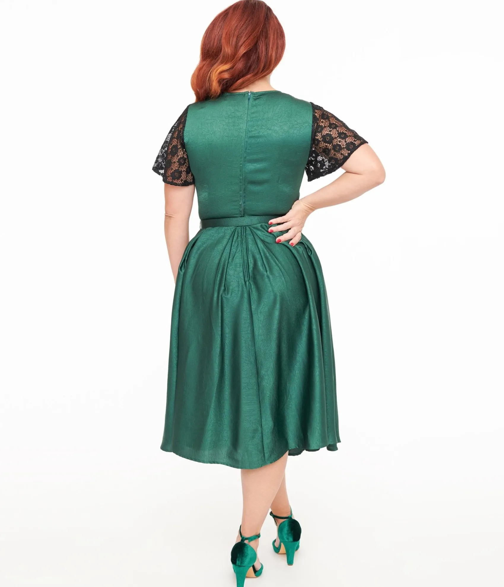 Unique Vintage 1940s Emerald Green & Black Lace Swing Dress Discount